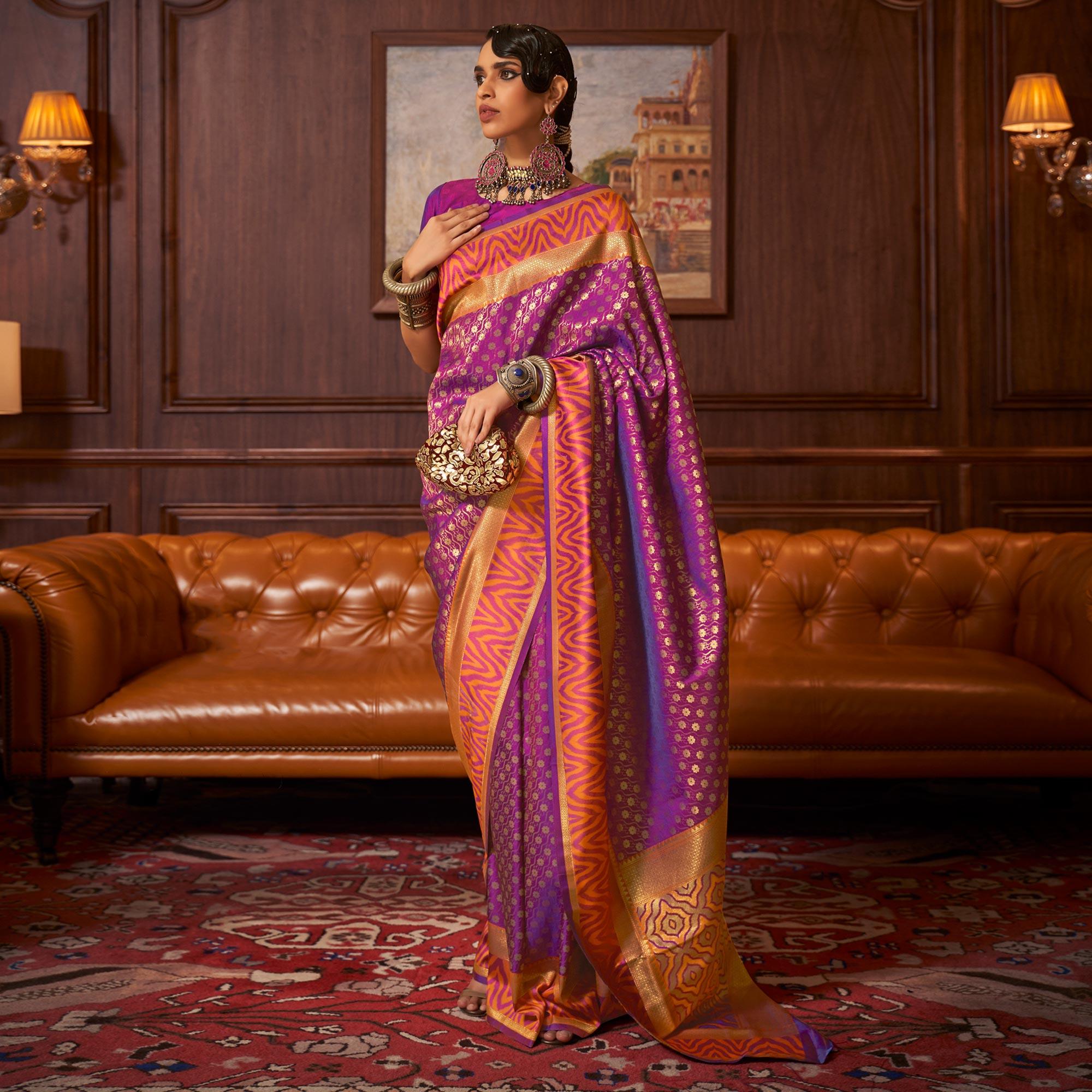 Magenta Pink Woven Art Silk Saree - Peachmode