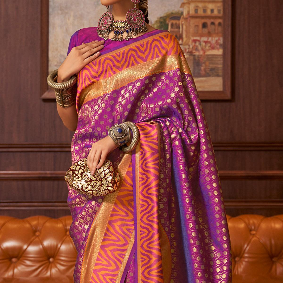 Magenta Pink Woven Art Silk Saree - Peachmode