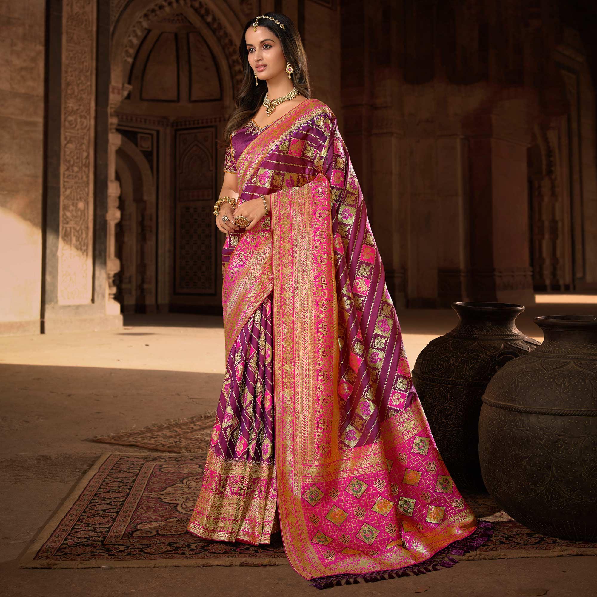Magenta Pink Woven Banarasi Silk Saree With Tassels - Peachmode