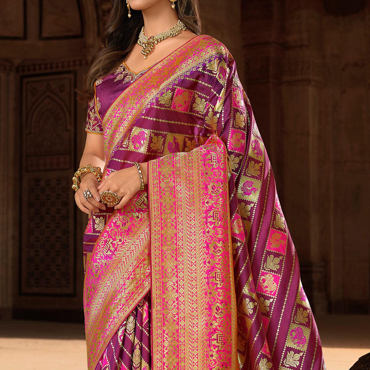 Magenta Pink Woven Banarasi Silk Saree With Tassels - Peachmode