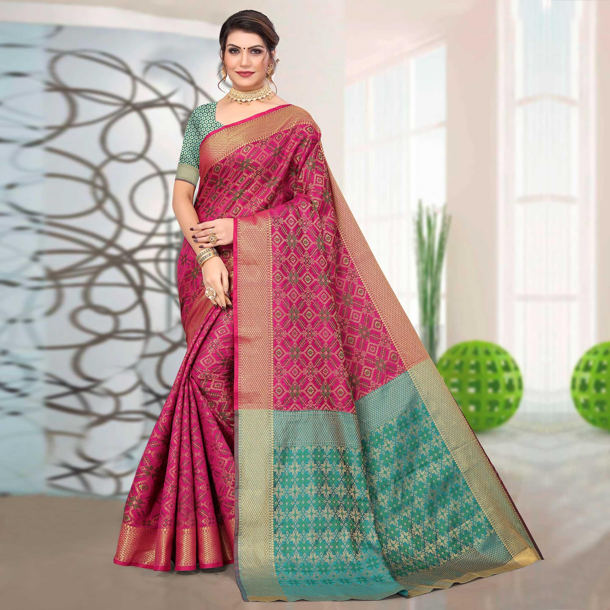 Magenta Pink Woven Jacquard Saree - Peachmode