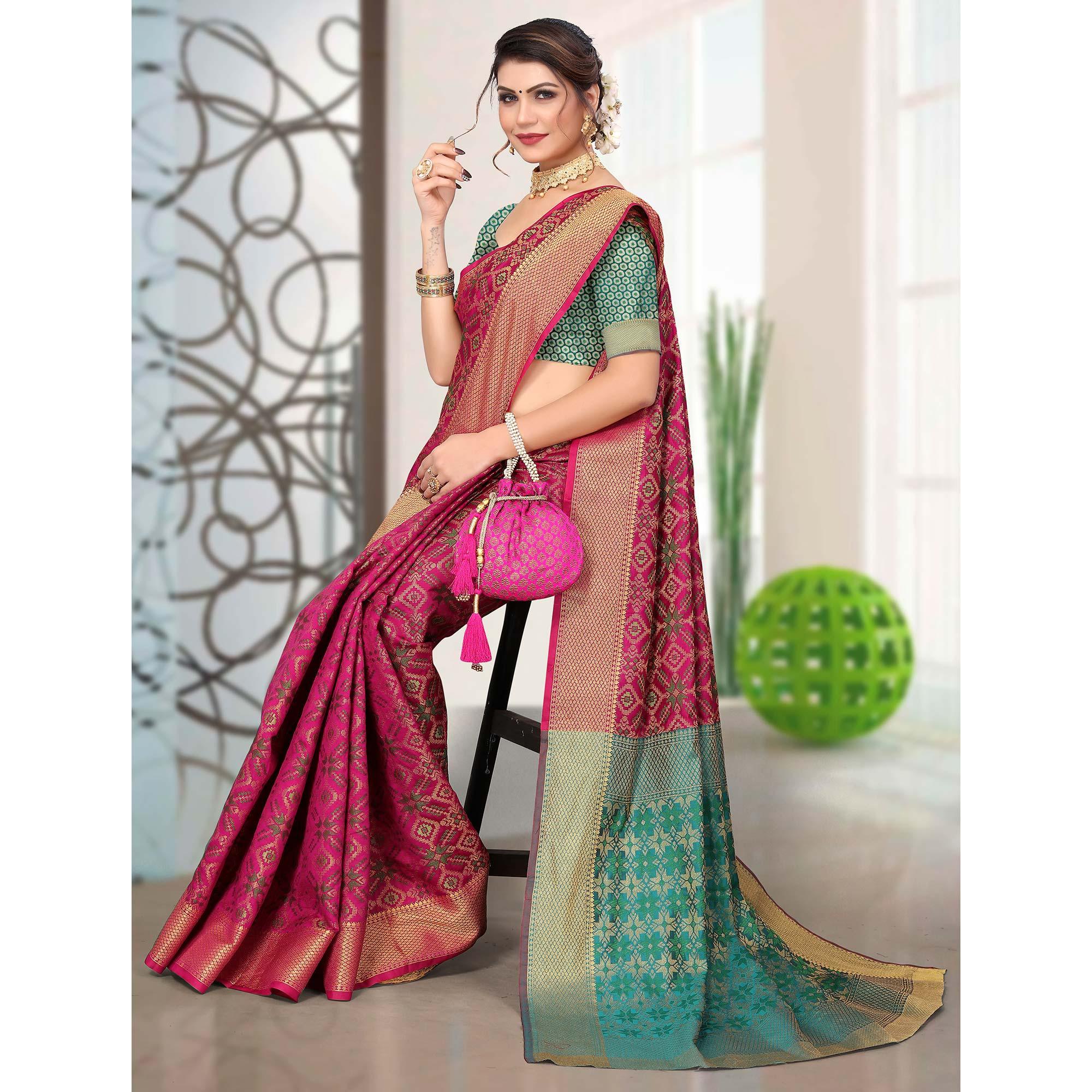 Magenta Pink Woven Jacquard Saree - Peachmode