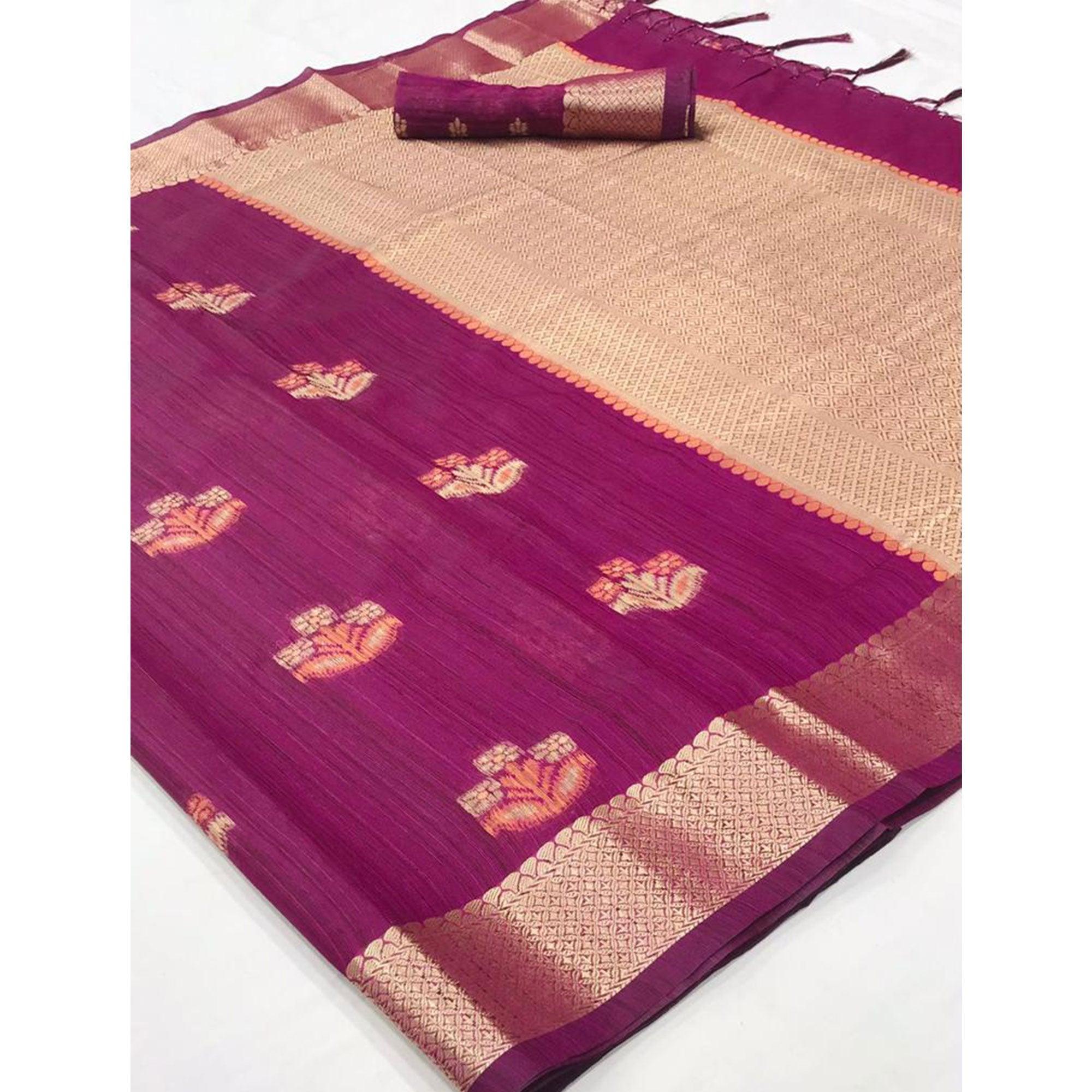 Magenta Pink Woven Pure Silk Saree With Tassels - Peachmode