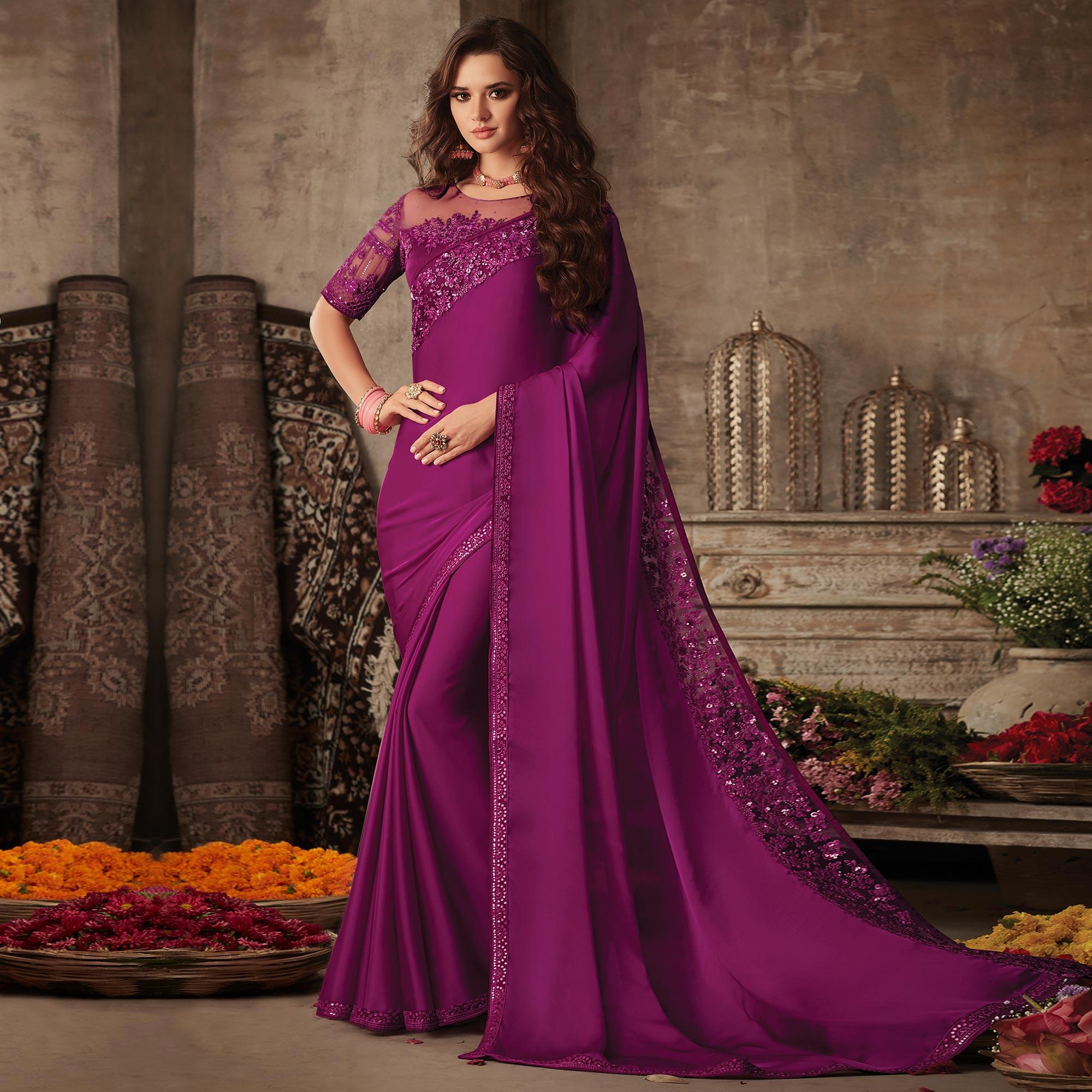 Magenta Purple Floral Sequence Embroidered Art SIlk Saree - Peachmode
