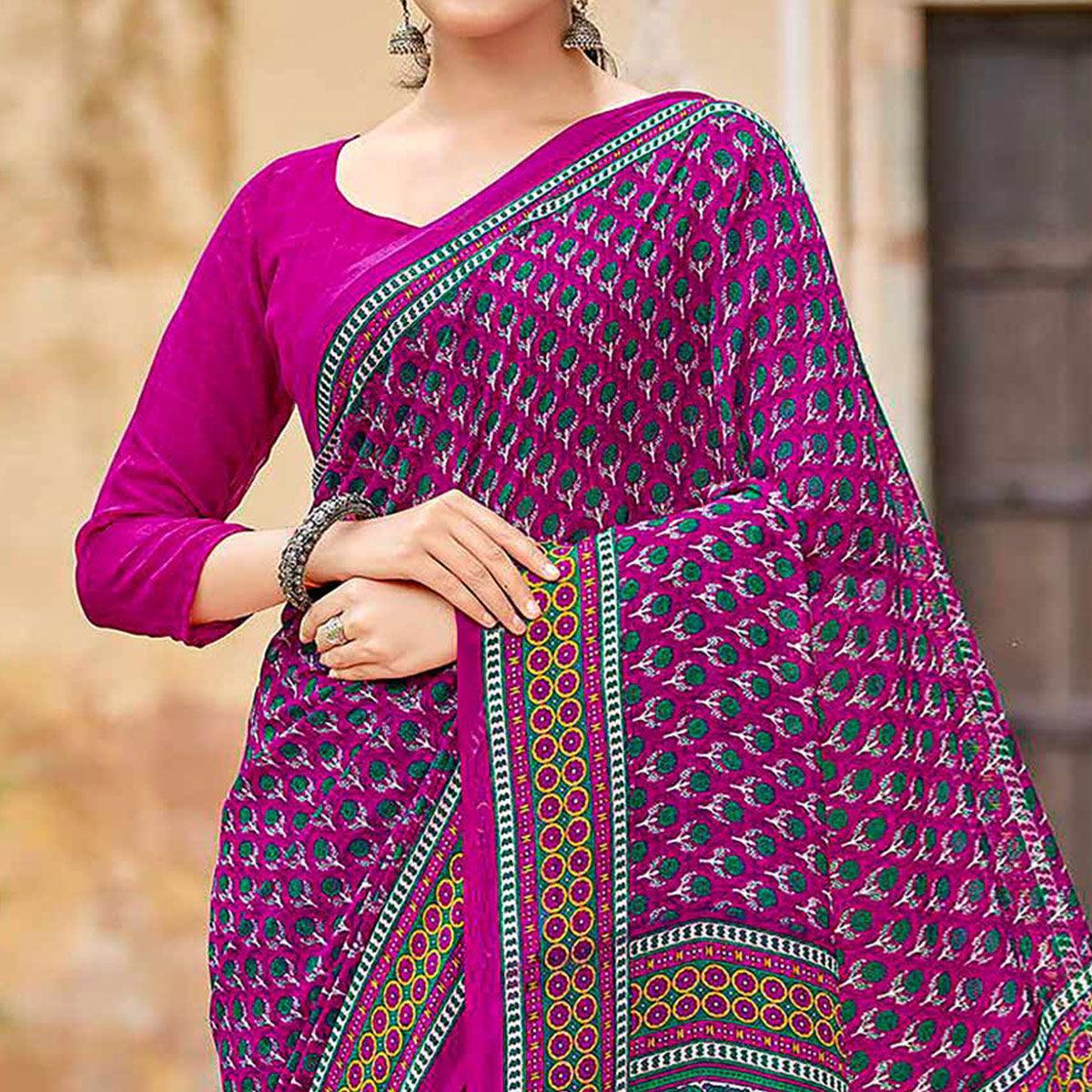 Magenta Purple Printed Georgette Saree - Peachmode