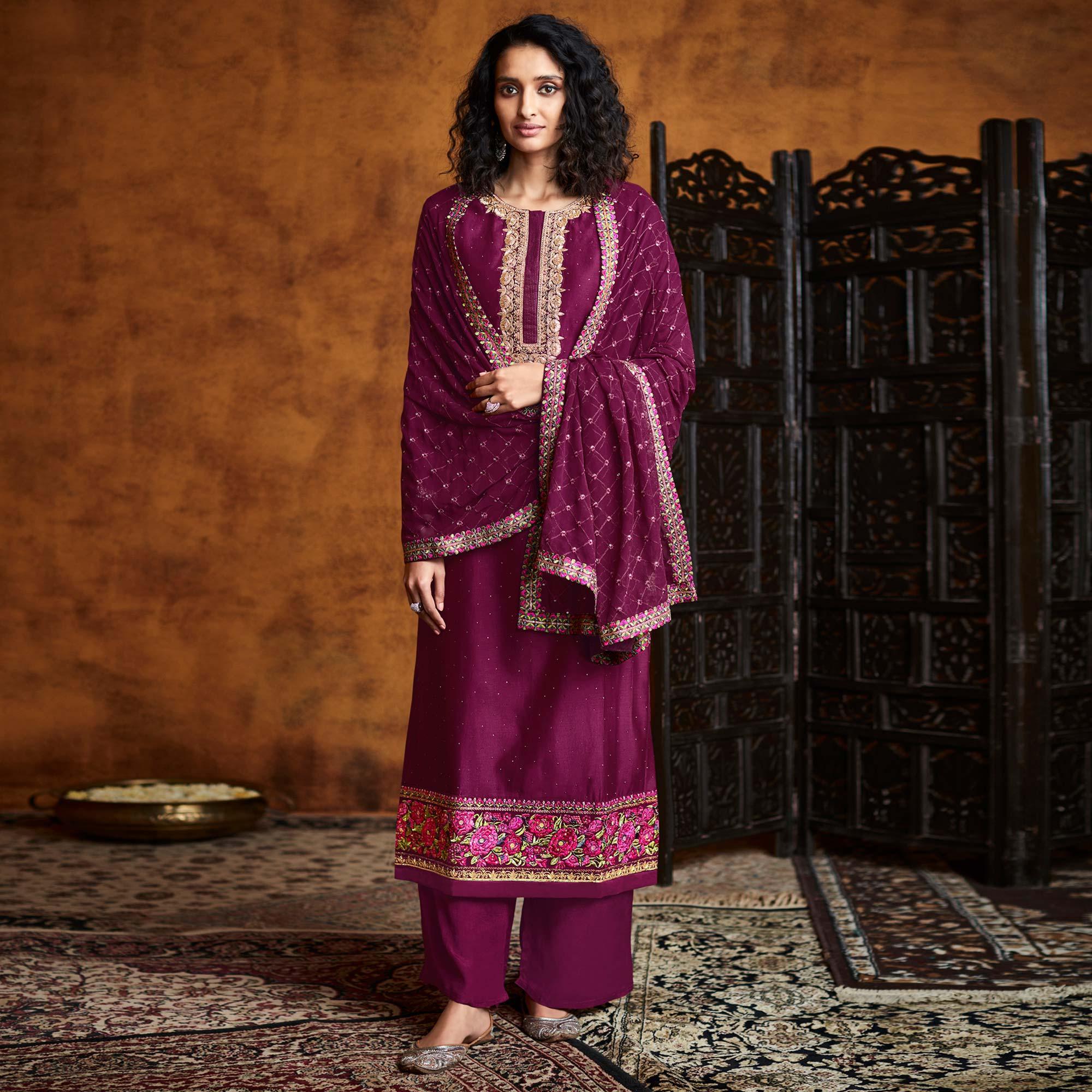 Magenta  Sequence Embroidered Georgette Partywear Suit - Peachmode