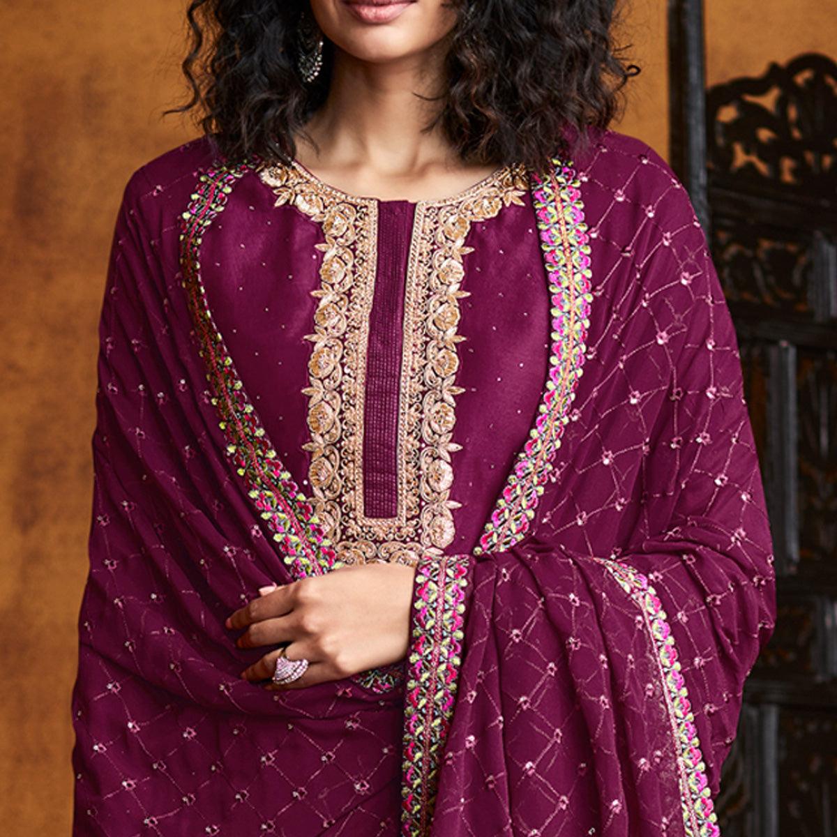 Magenta  Sequence Embroidered Georgette Partywear Suit - Peachmode