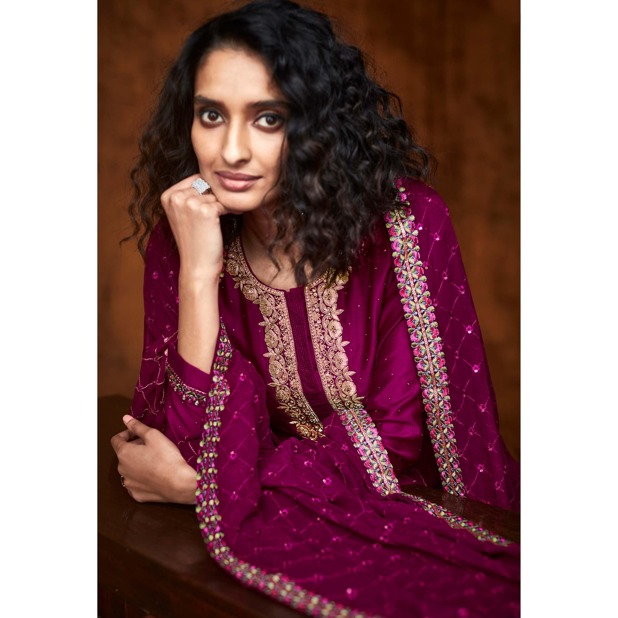 Magenta  Sequence Embroidered Georgette Partywear Suit - Peachmode