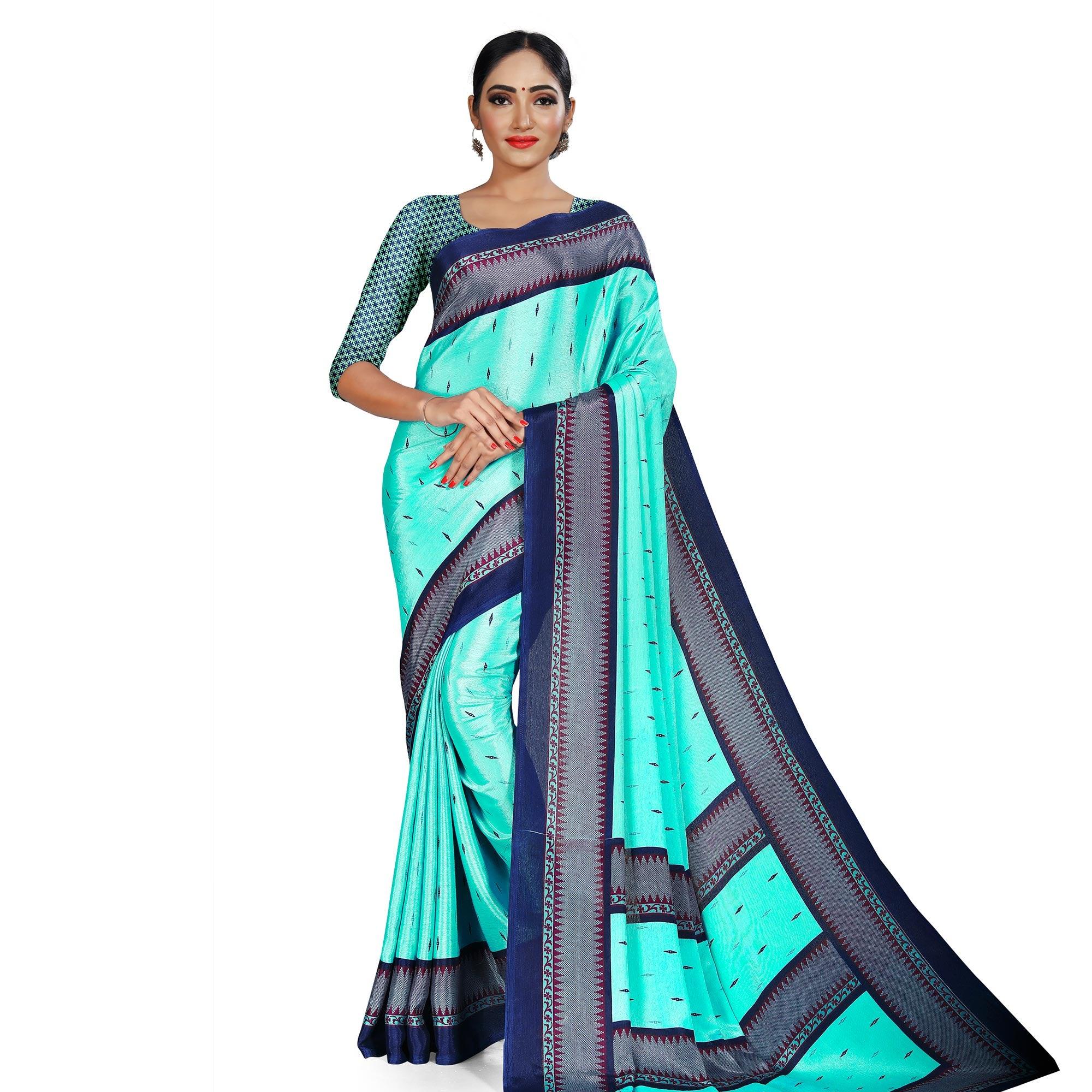Magnetic Aqua Blue Colored Casual Wear Printed Crepe Saree - Peachmode