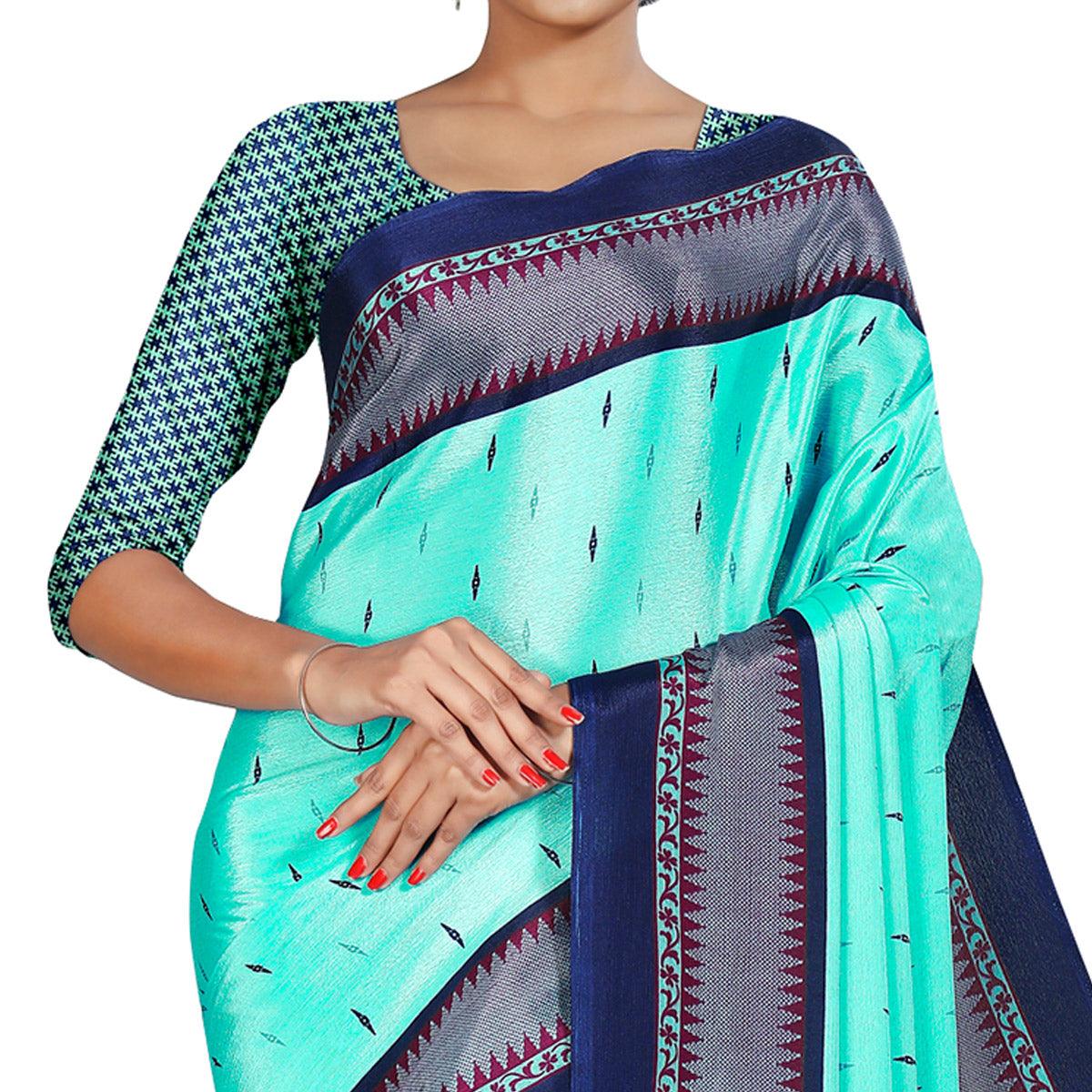 Magnetic Aqua Blue Colored Casual Wear Printed Crepe Saree - Peachmode