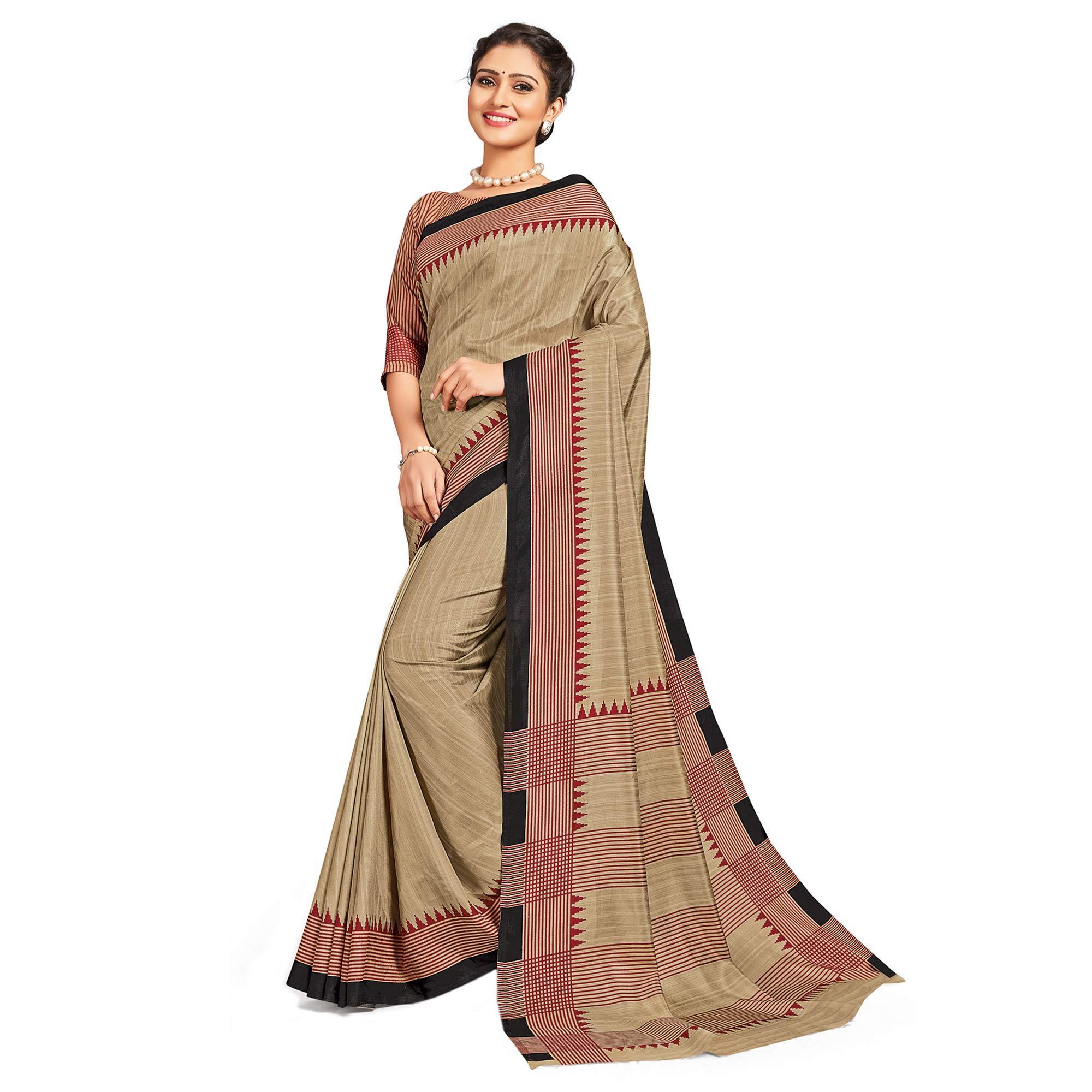 Magnetic Beige-Black Colored Casual Printed Tussar Silk Saree - Peachmode