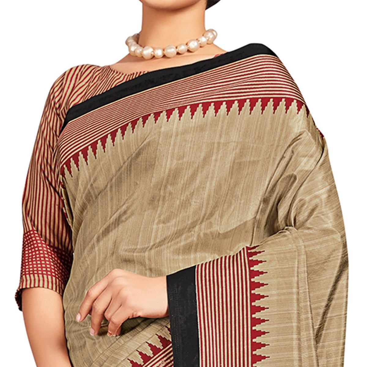 Magnetic Beige-Black Colored Casual Printed Tussar Silk Saree - Peachmode