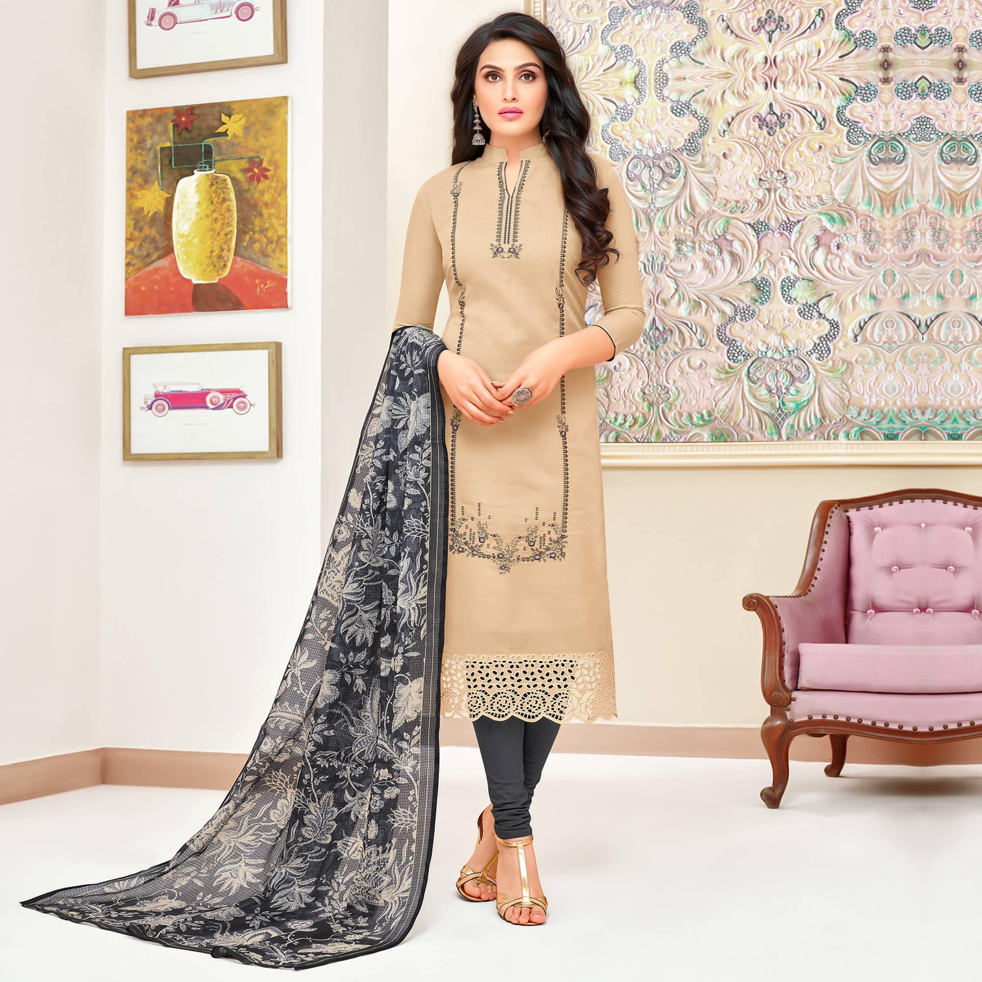 Magnetic Beige Colored Partywear Embroidered Modal Silk Suit - Peachmode