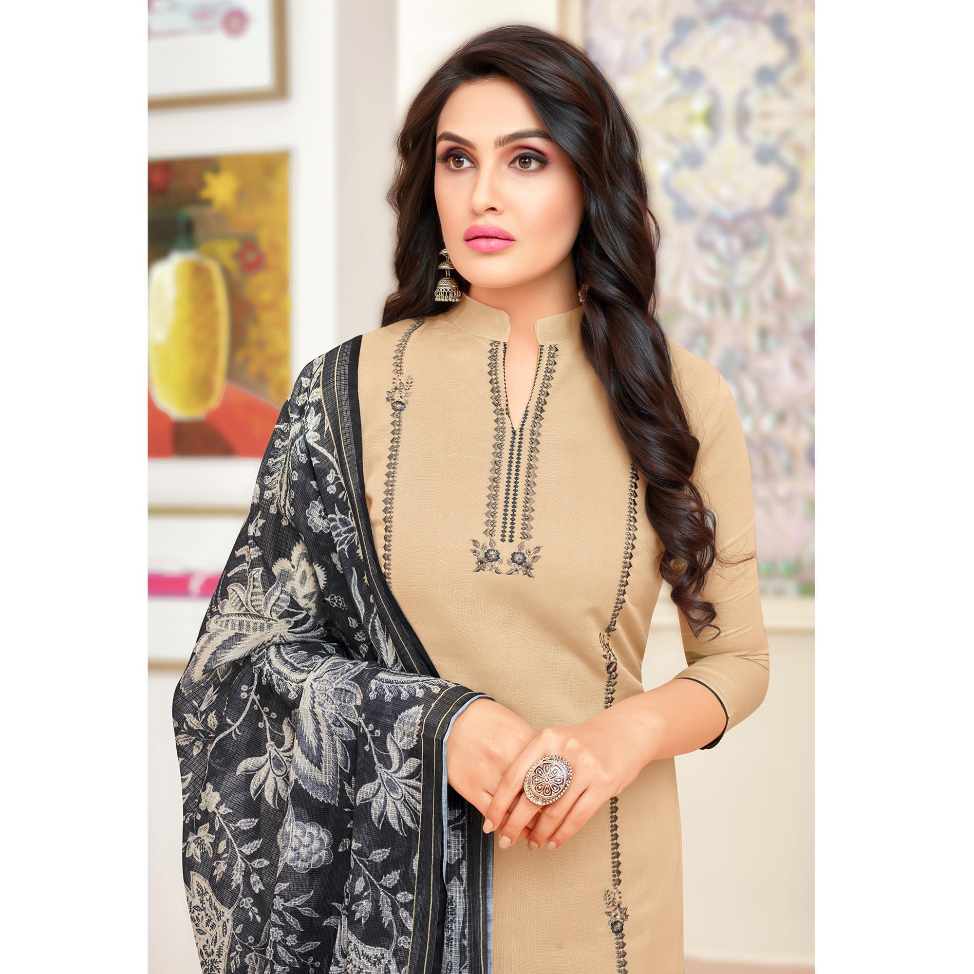 Magnetic Beige Colored Partywear Embroidered Modal Silk Suit - Peachmode