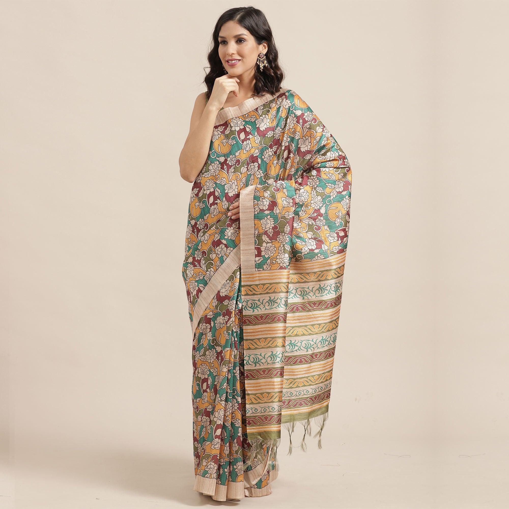 Magnetic Beige-Multi Colored Casual Wear Floral Printed Silk Blend Saree With Tassels - Peachmode