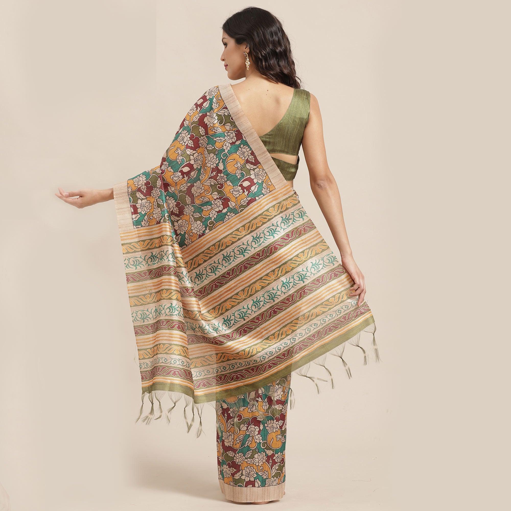 Magnetic Beige-Multi Colored Casual Wear Floral Printed Silk Blend Saree With Tassels - Peachmode