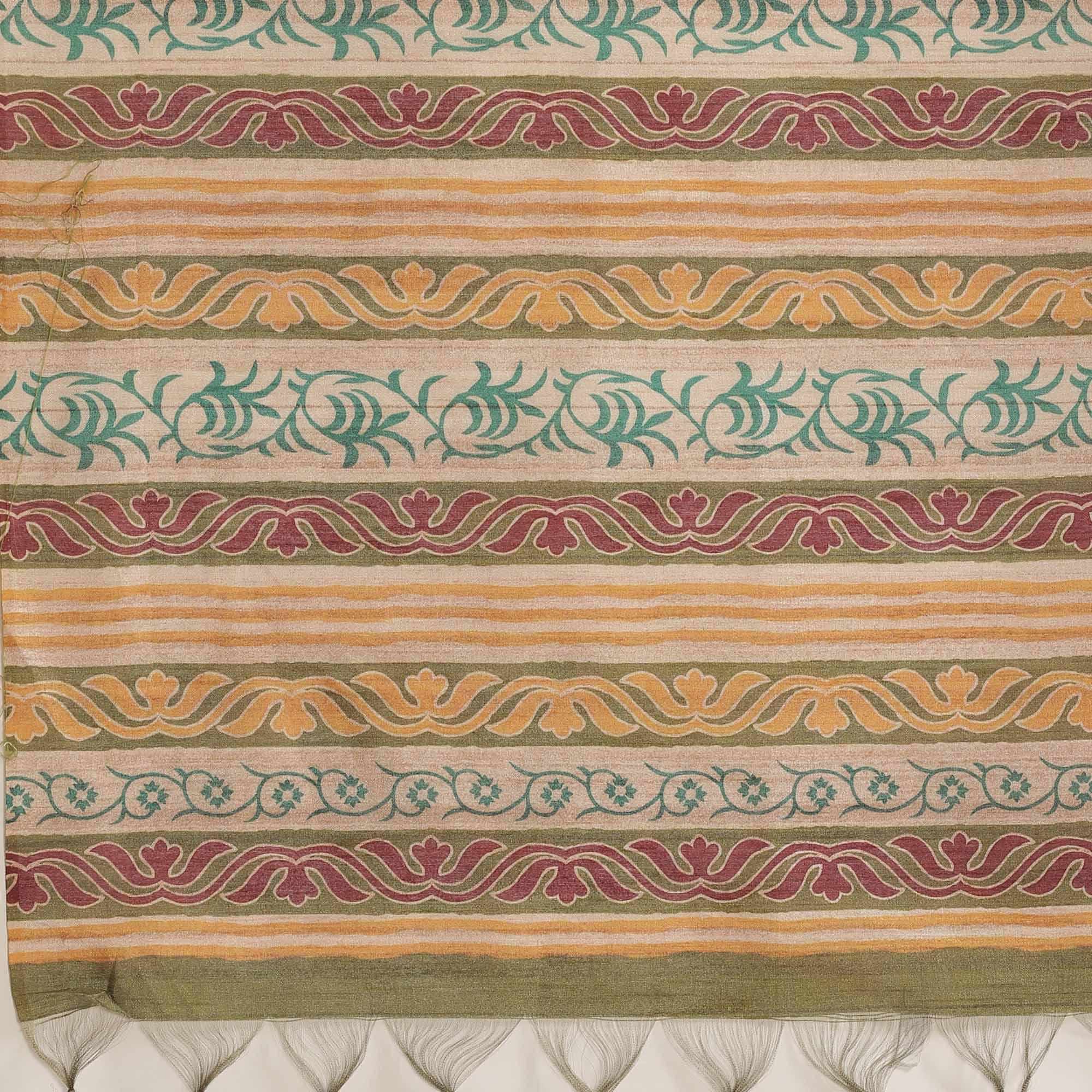 Magnetic Beige-Multi Colored Casual Wear Floral Printed Silk Blend Saree With Tassels - Peachmode
