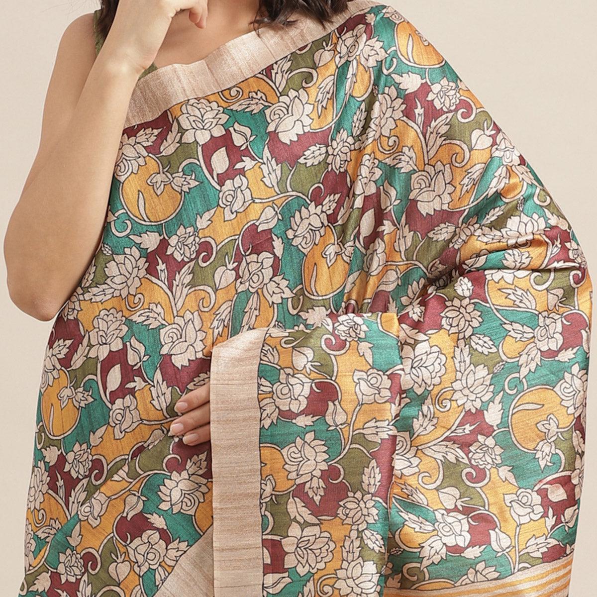 Magnetic Beige-Multi Colored Casual Wear Floral Printed Silk Blend Saree With Tassels - Peachmode