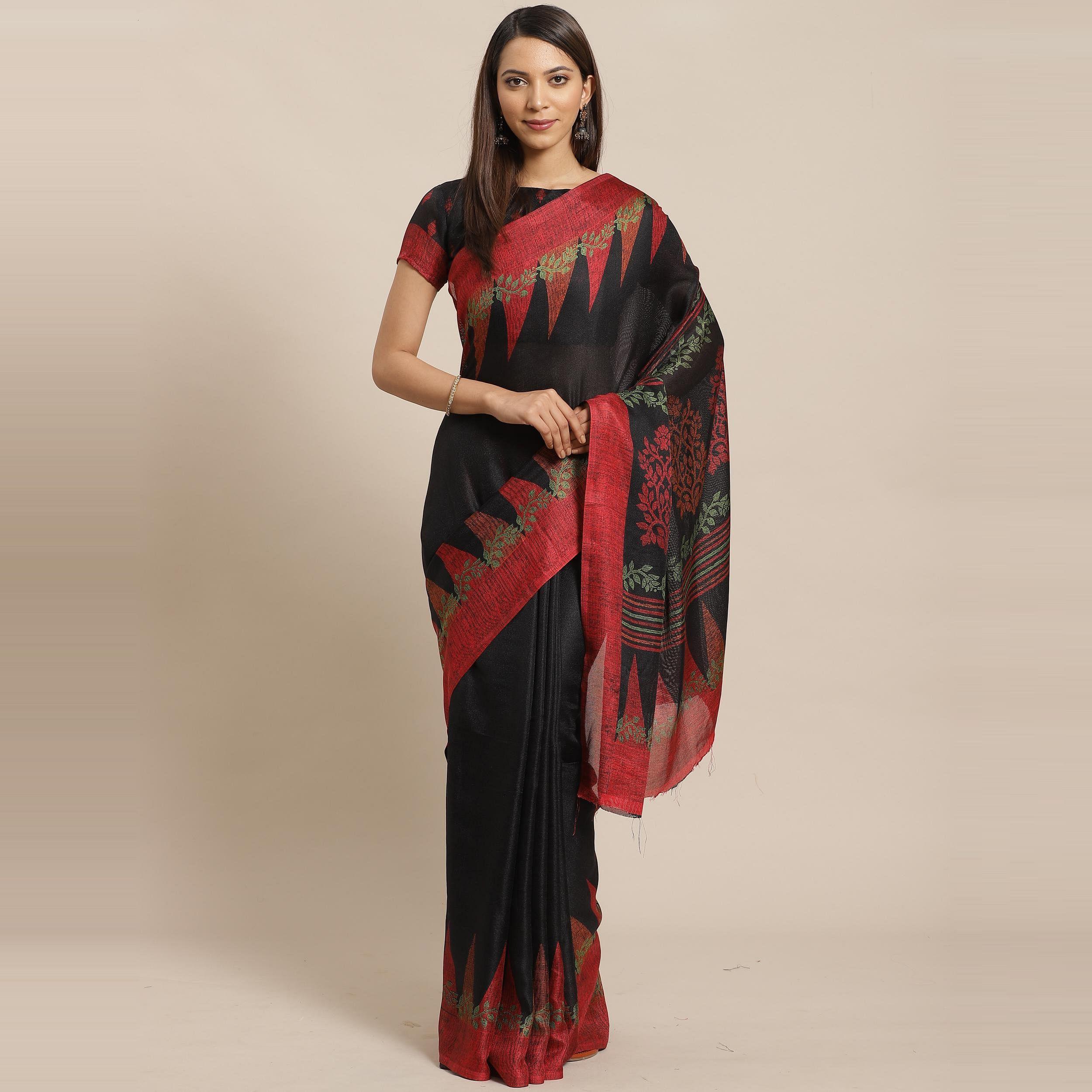 Magnetic Black Colored Casual Wear Printed Silk Blend Saree - Peachmode