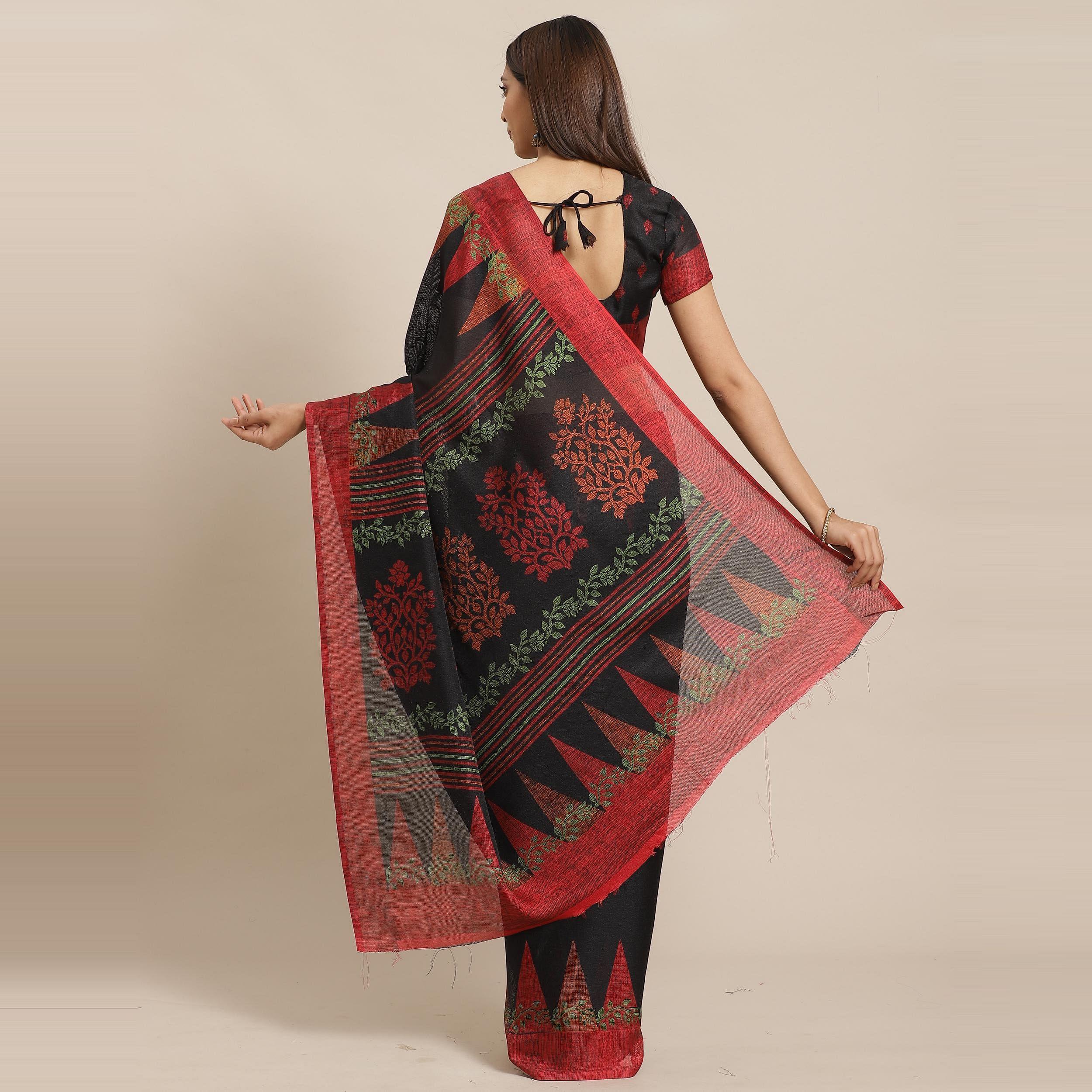 Magnetic Black Colored Casual Wear Printed Silk Blend Saree - Peachmode