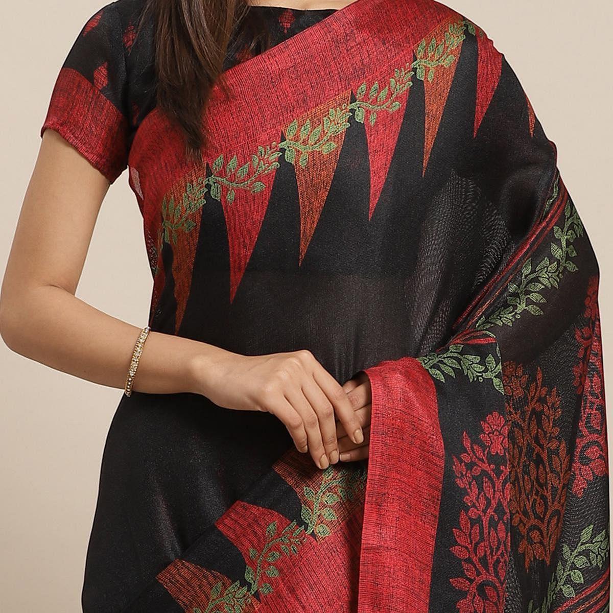 Magnetic Black Colored Casual Wear Printed Silk Blend Saree - Peachmode