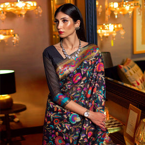 Magnetic Black Colored Festive Wear Woven Chanderi Saree - Peachmode