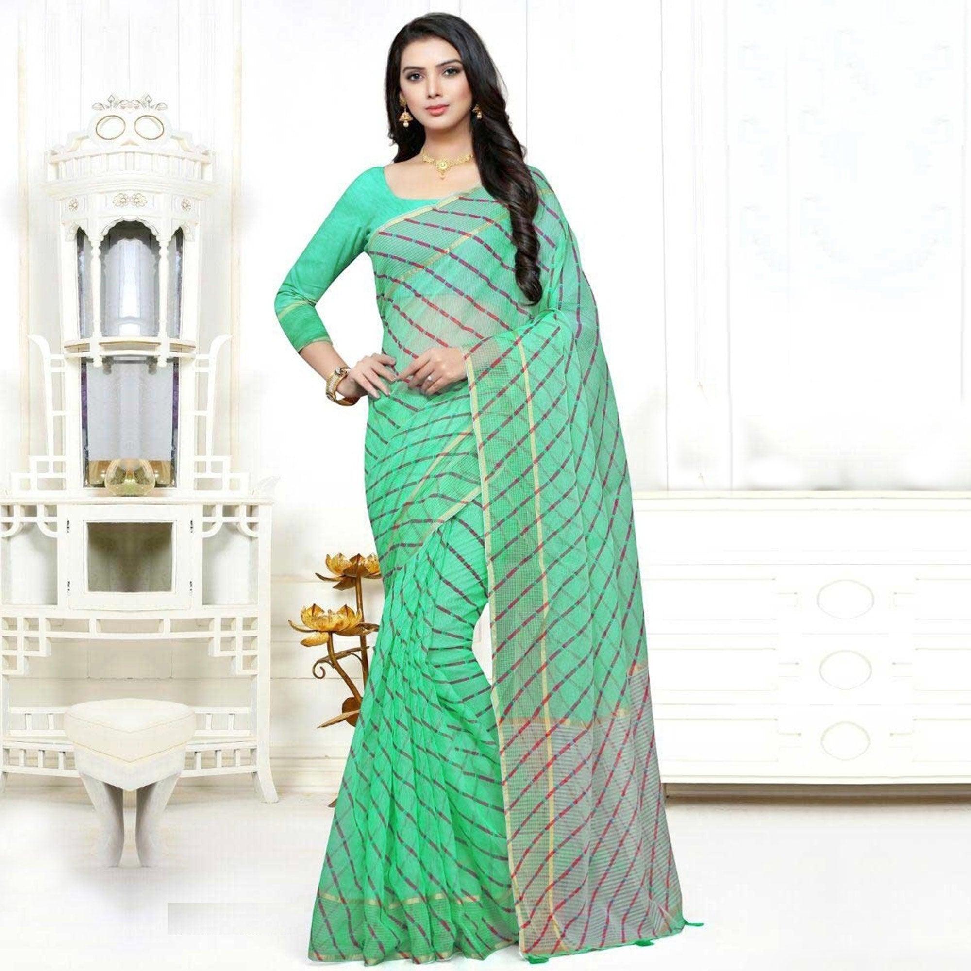 Magnetic Blue Colored Casual Wear Stripe Printed Silk Saree With Tassels - Peachmode