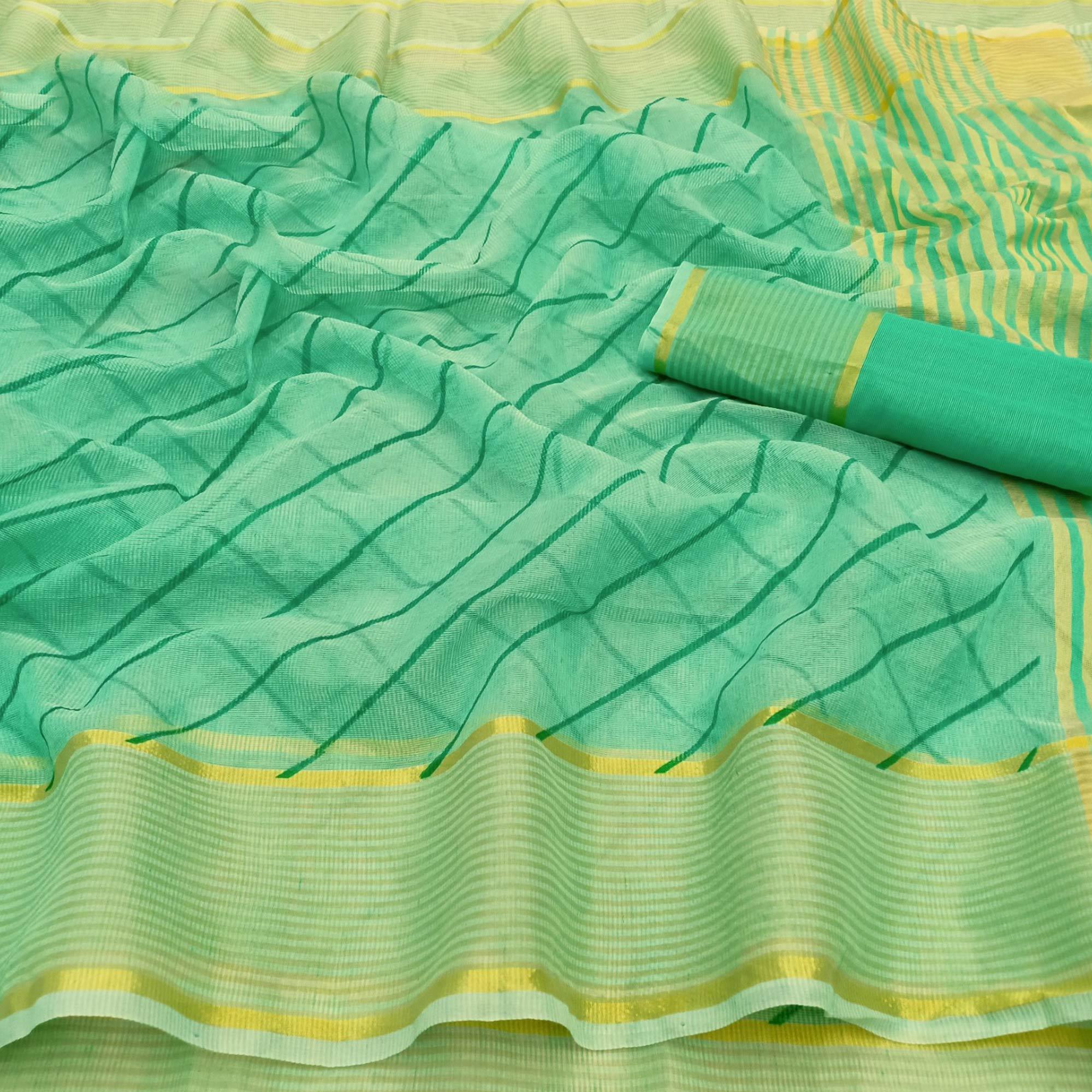 Magnetic Blue Colored Casual Wear Stripe Printed Silk Saree With Tassels - Peachmode