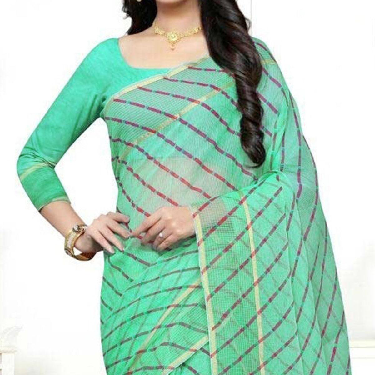 Magnetic Blue Colored Casual Wear Stripe Printed Silk Saree With Tassels - Peachmode