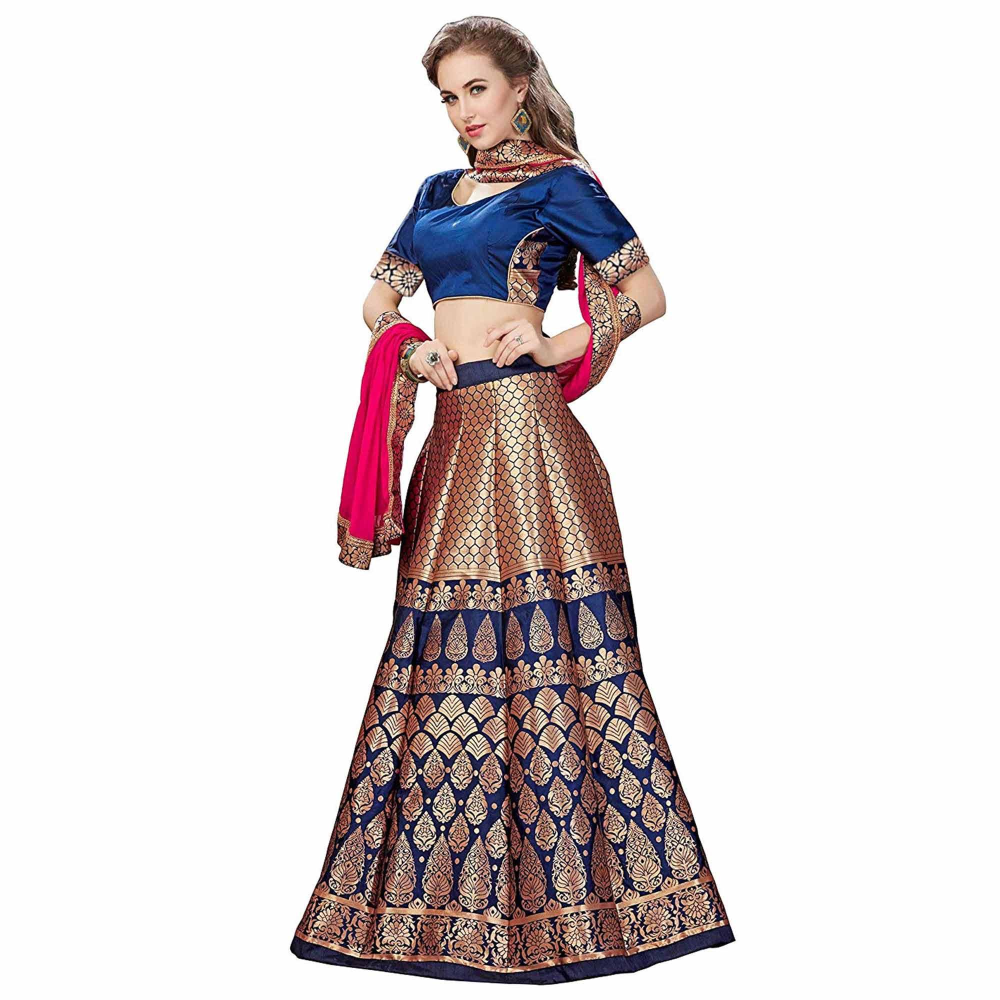 Magnetic Blue Colored Partywear Woven Banarasi Silk Jacquard Lehenga Choli - Peachmode
