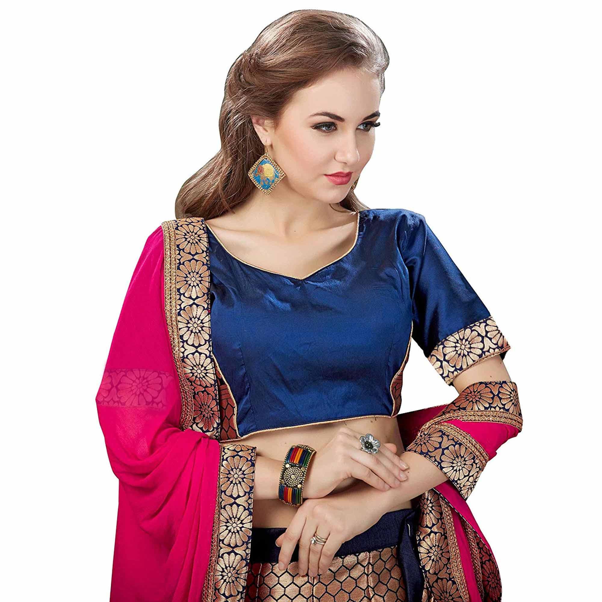 Magnetic Blue Colored Partywear Woven Banarasi Silk Jacquard Lehenga Choli - Peachmode