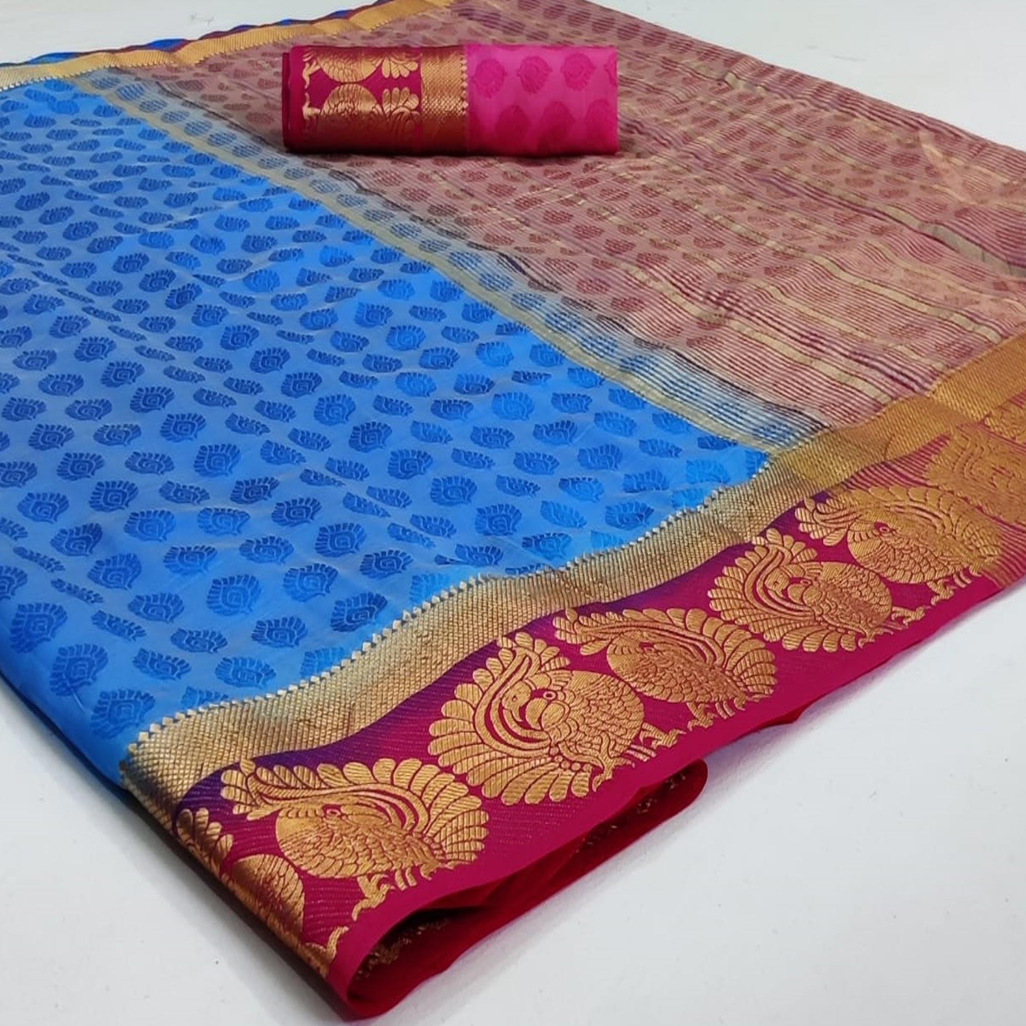 Magnetic Blue Coloured Festive Wear Woven Art Silk Saree - Peachmode