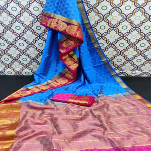 Magnetic Blue Coloured Festive Wear Woven Art Silk Saree - Peachmode