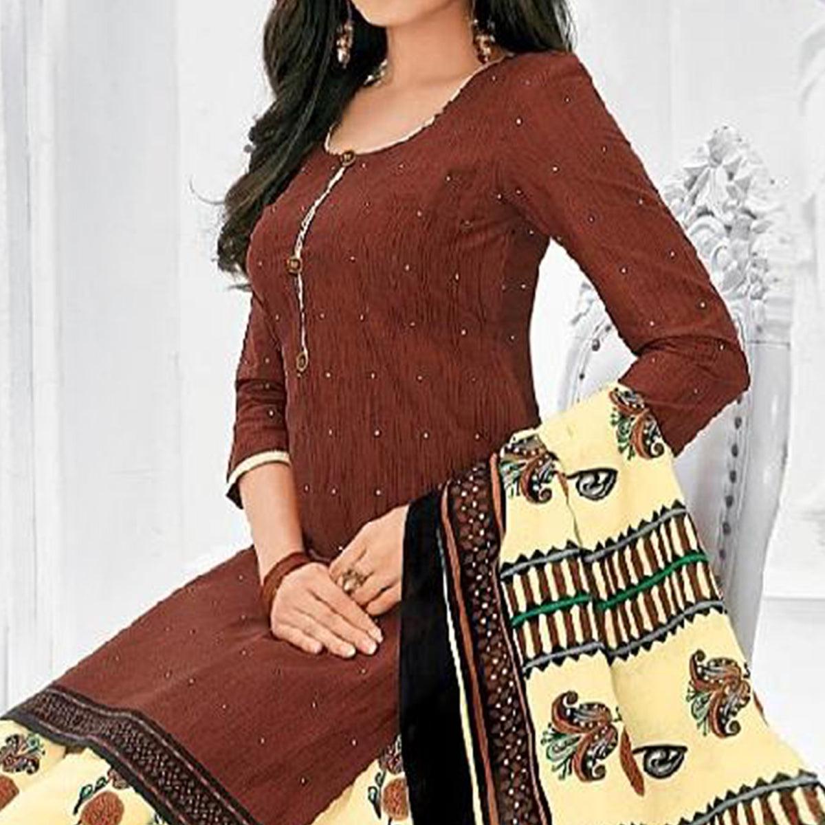 Magnetic Brown Colored Casual Wear Printed Cotton Stitched Patiala Suit - Peachmode
