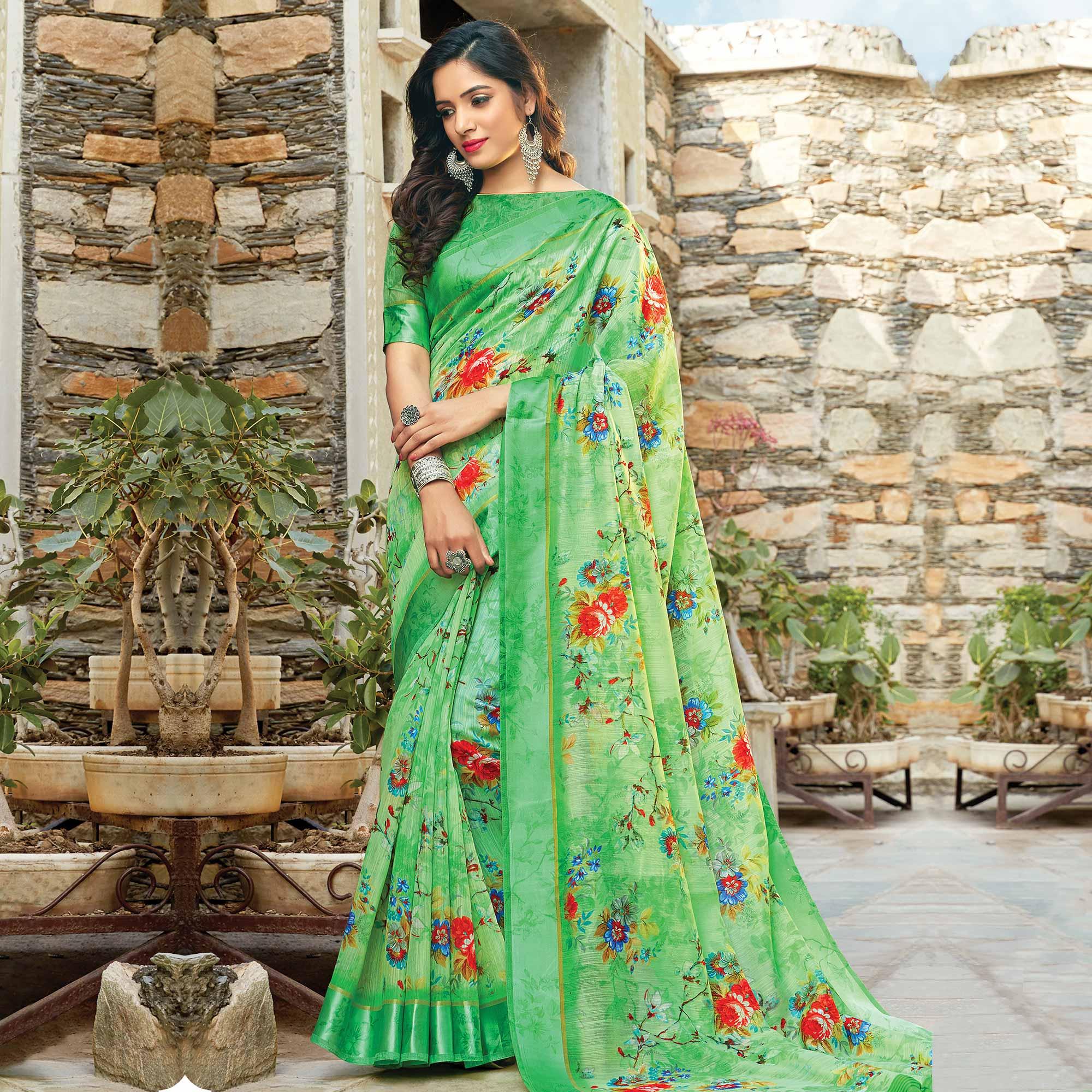Magnetic Green Colored Casual Wear Printed Cotton Saree - Peachmode
