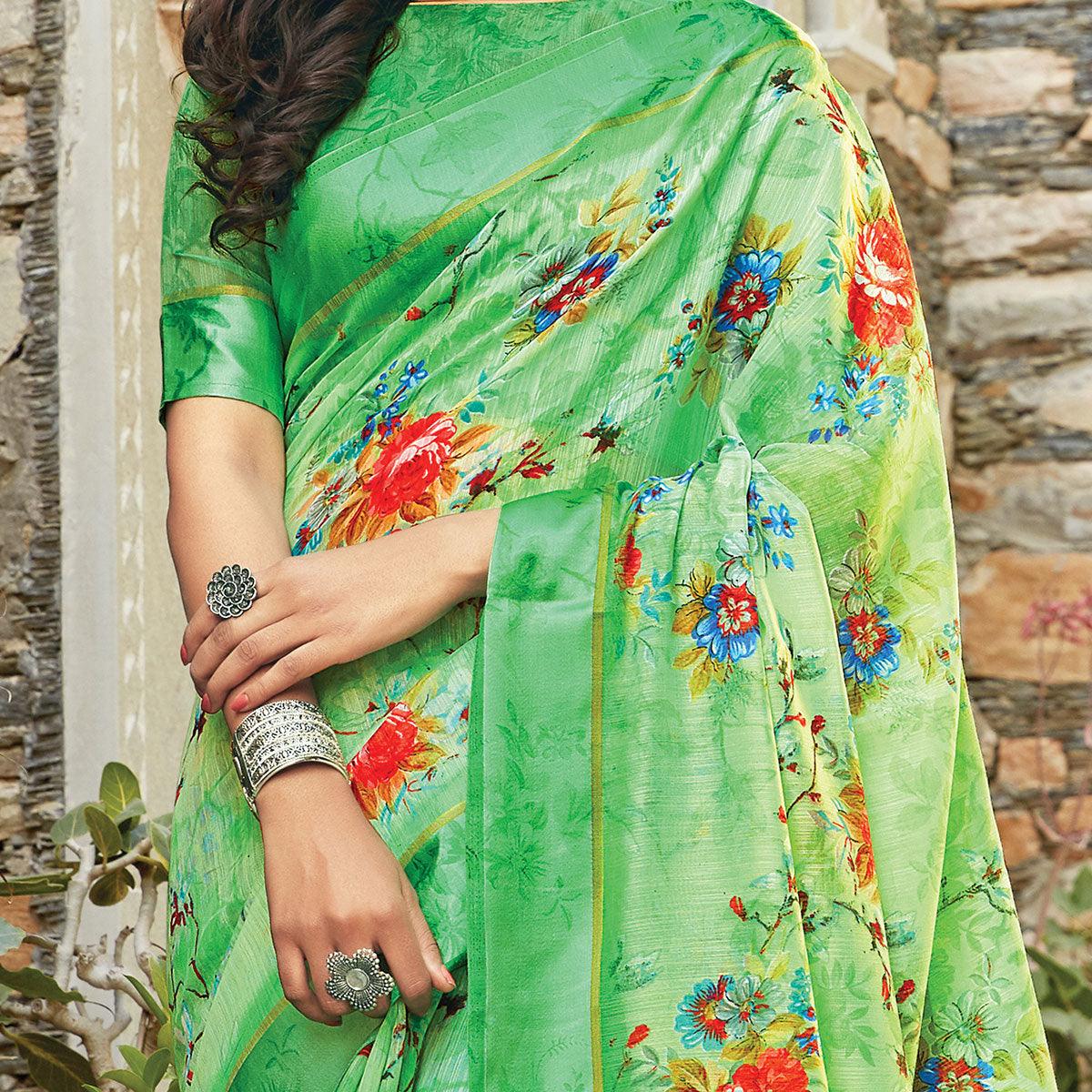 Magnetic Green Colored Casual Wear Printed Cotton Saree - Peachmode
