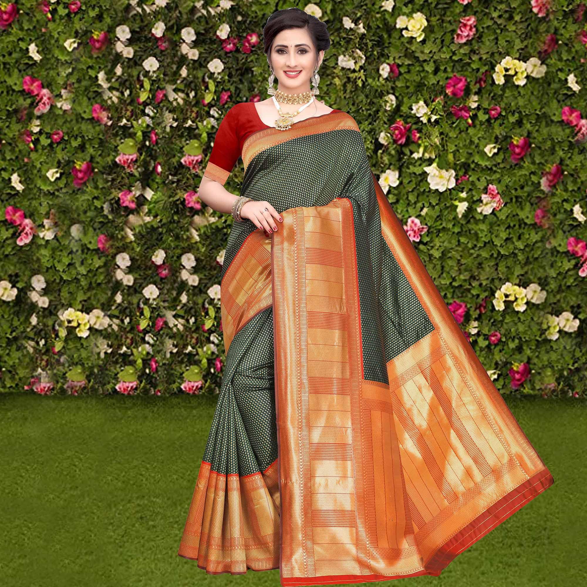 Magnetic Green Colored Festive Wear Woven Banarasi Silk Saree - Peachmode
