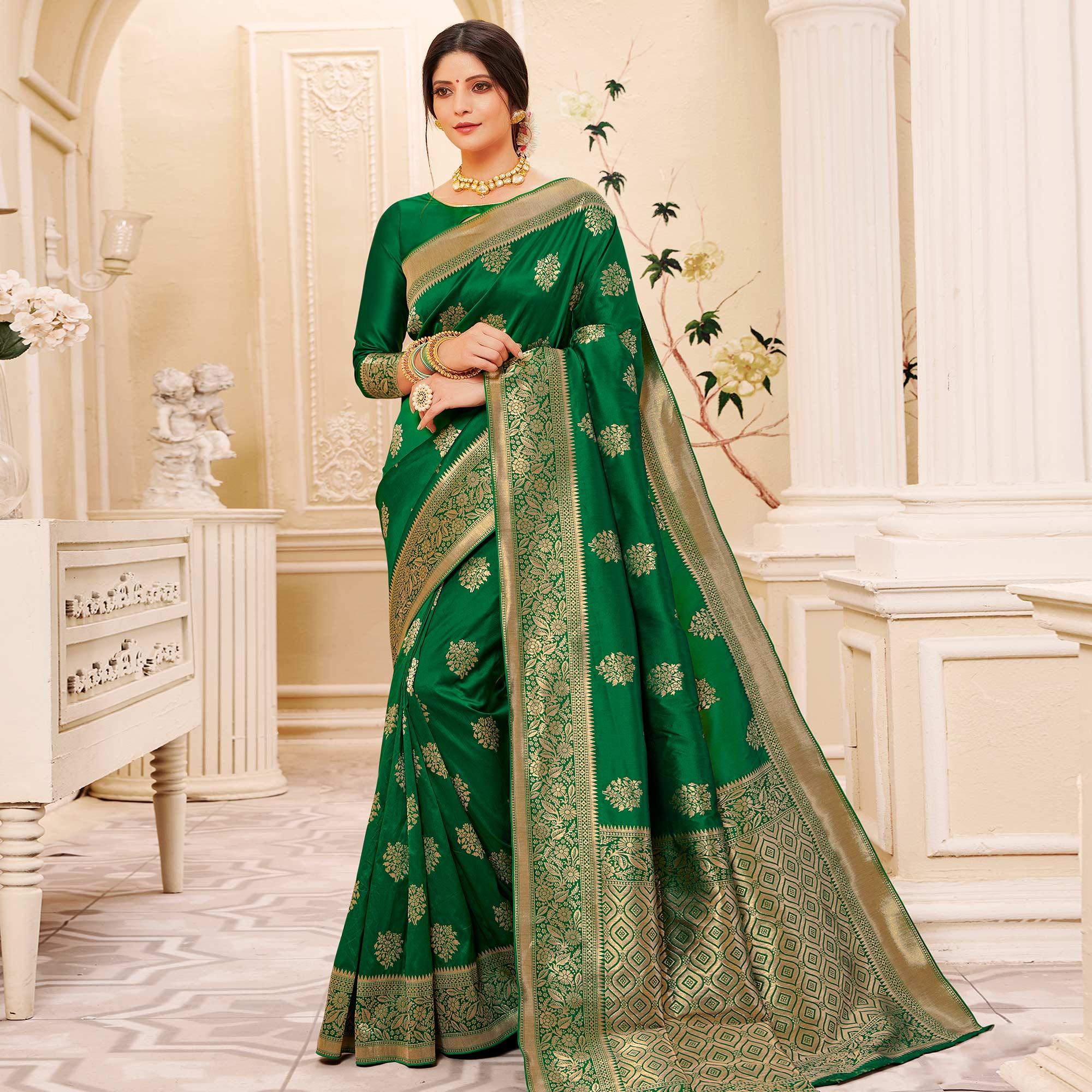 Magnetic Green Colored Festive Wear Woven Banarasi Silk Saree - Peachmode