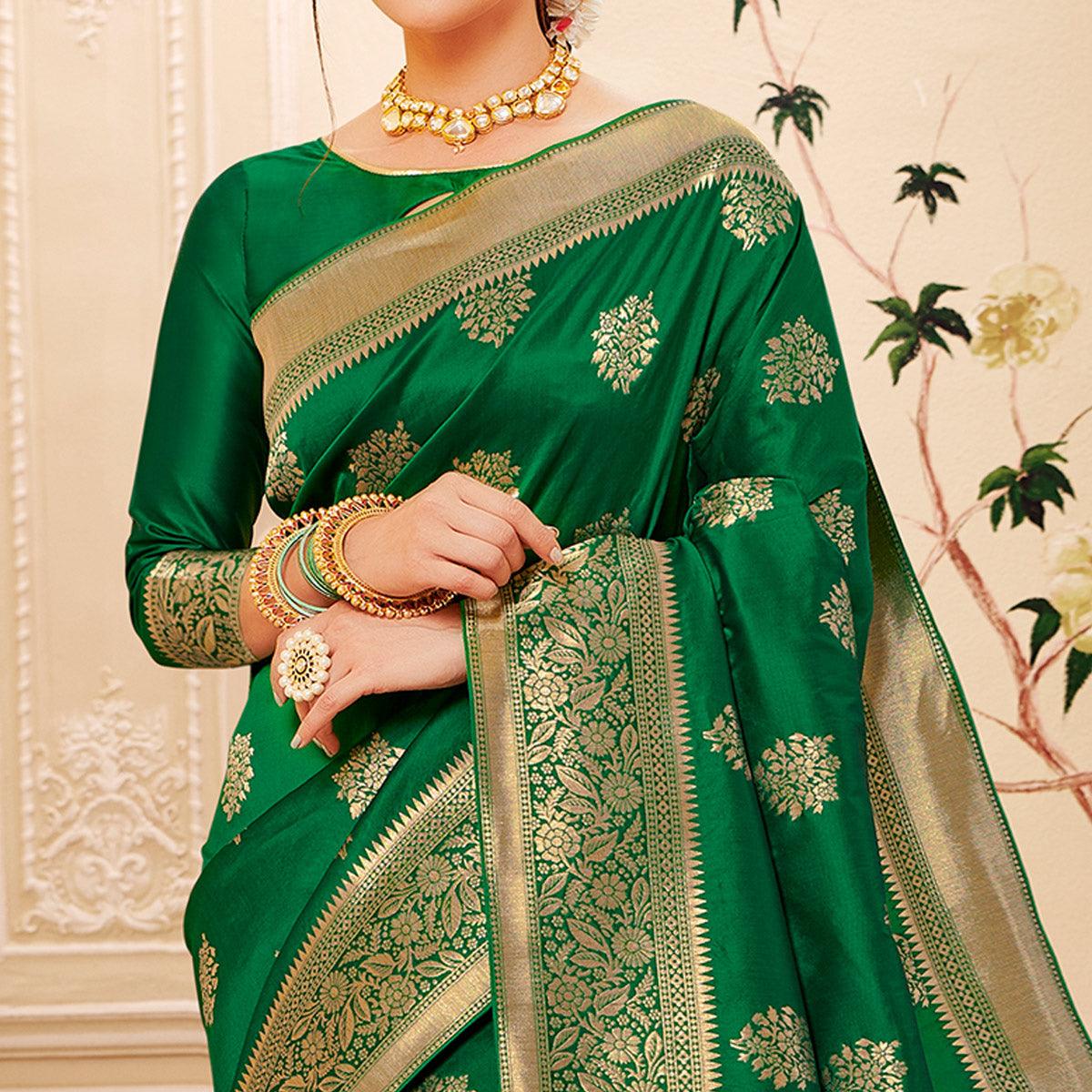 Magnetic Green Colored Festive Wear Woven Banarasi Silk Saree - Peachmode