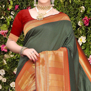 Magnetic Green Colored Festive Wear Woven Banarasi Silk Saree - Peachmode