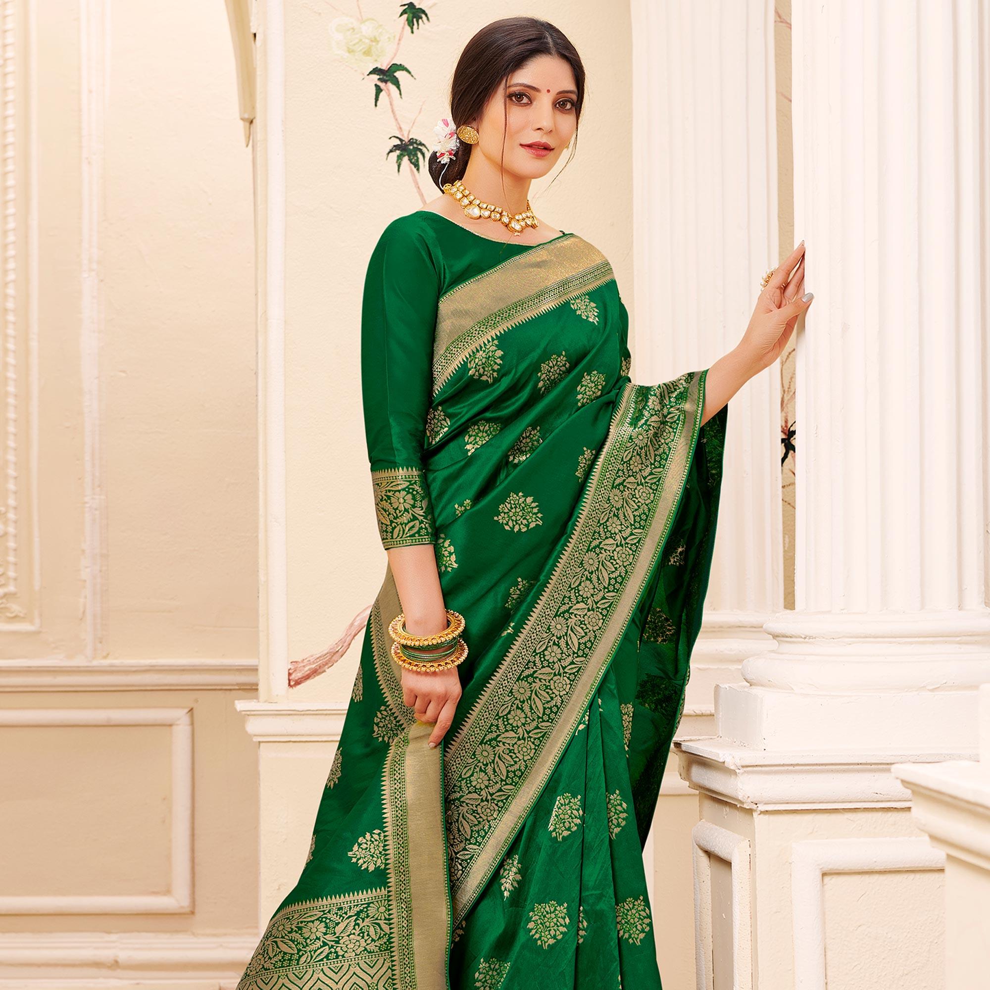 Magnetic Green Colored Festive Wear Woven Banarasi Silk Saree - Peachmode