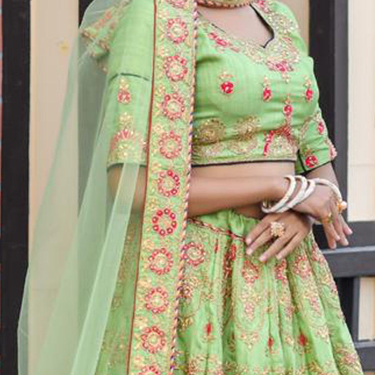 Magnetic Green Colored Party Wear Embroidered Silk Lehenga Choli - Peachmode