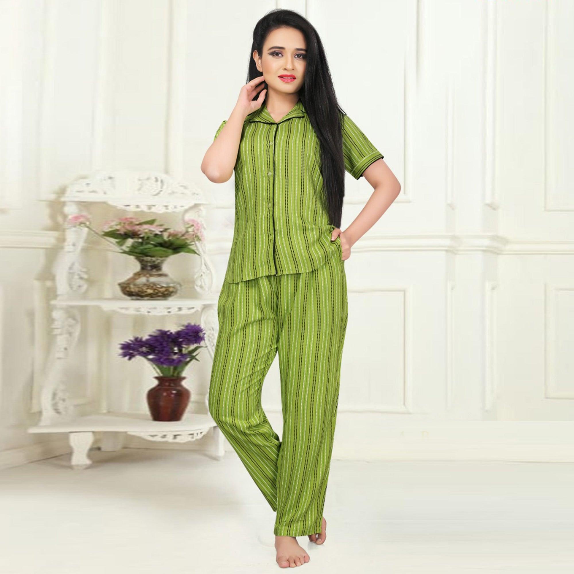 Magnetic Green Colored Printed Cotton Rayon Night Suit - Peachmode
