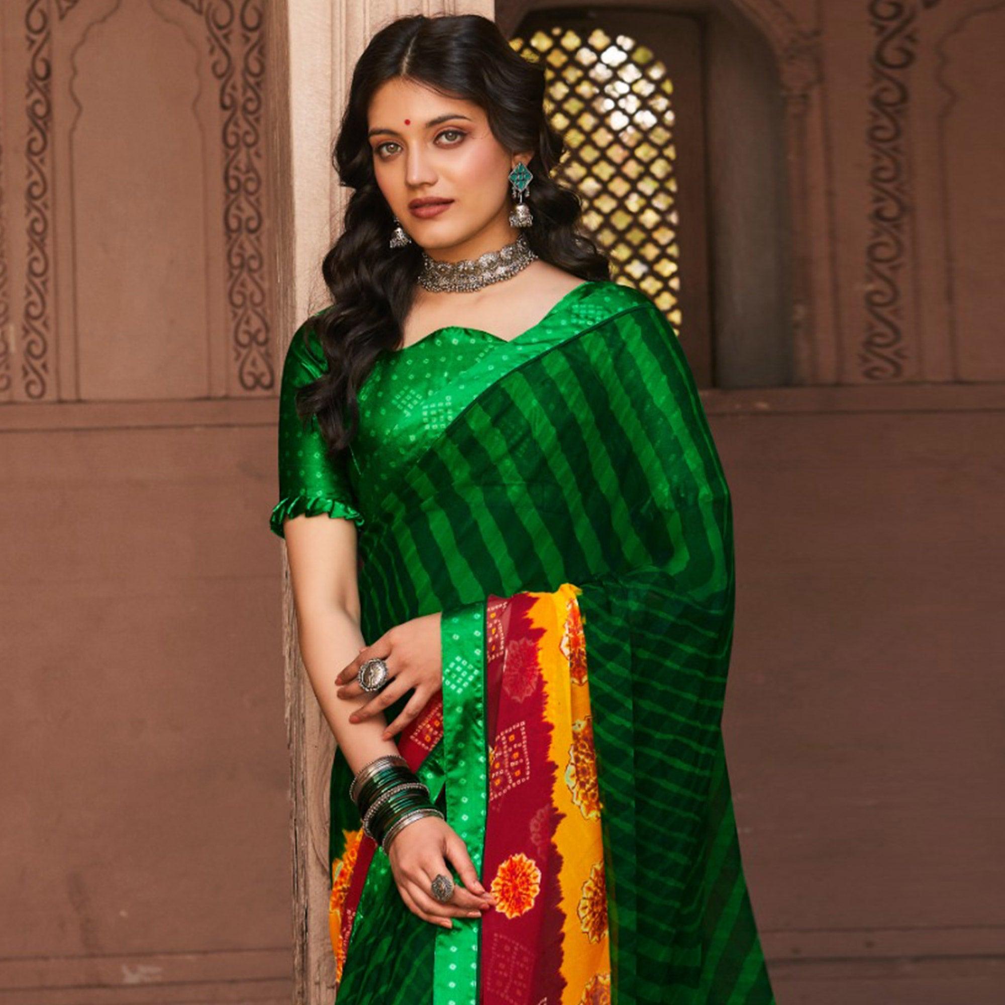 Magnetic Green Coloured Casual Wear Printed Georgette Saree - Peachmode