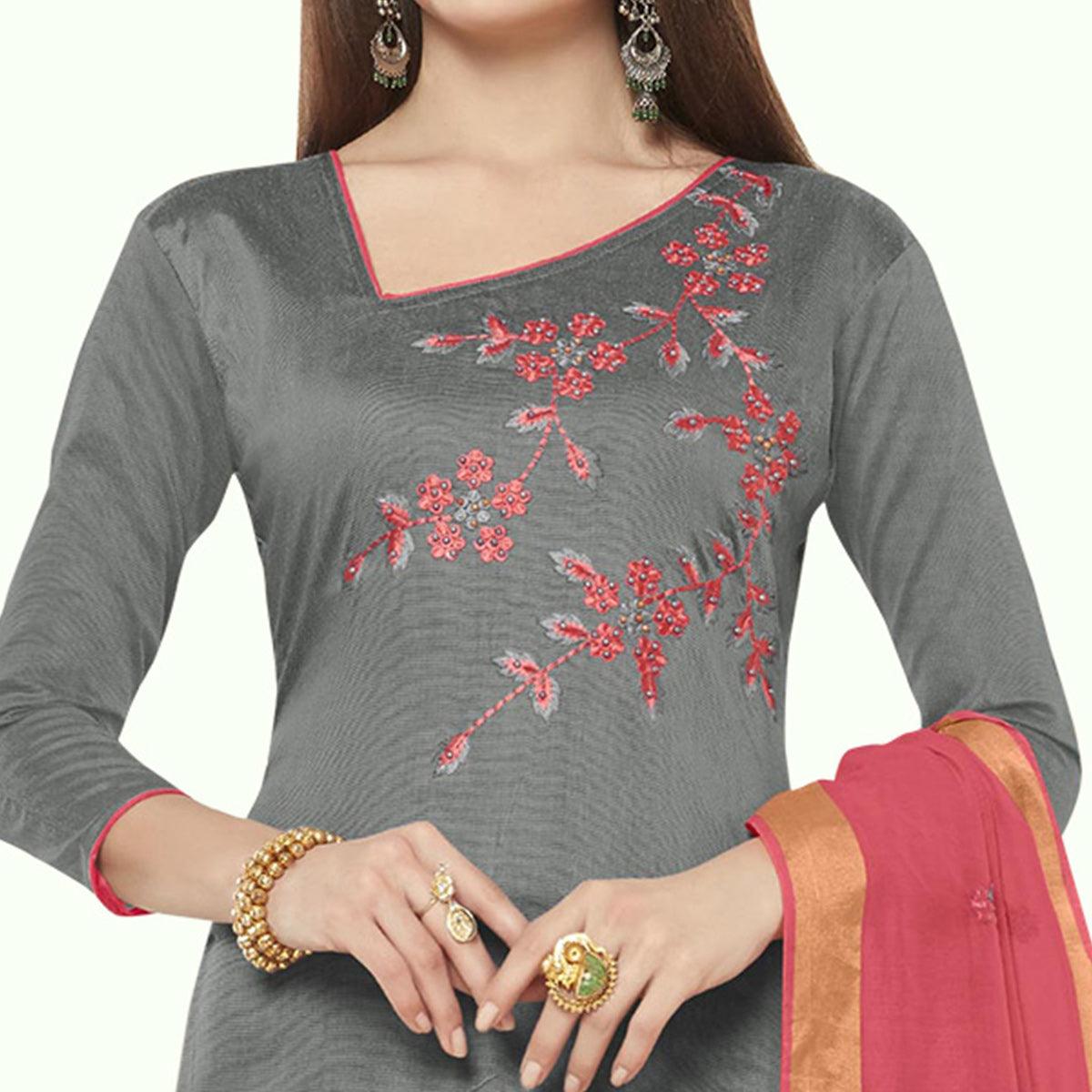 Magnetic Grey Colored Casual Wear Embroidered Cotton Dress Material - Peachmode