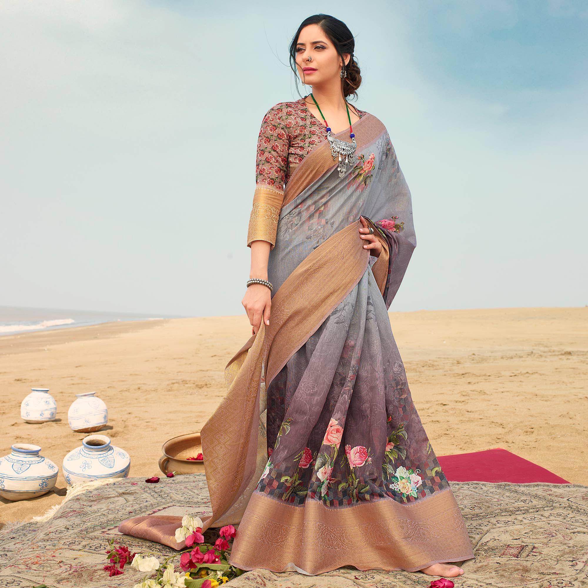Magnetic Grey Colored Festive Wear Digital Floral Printed Linen Saree - Peachmode