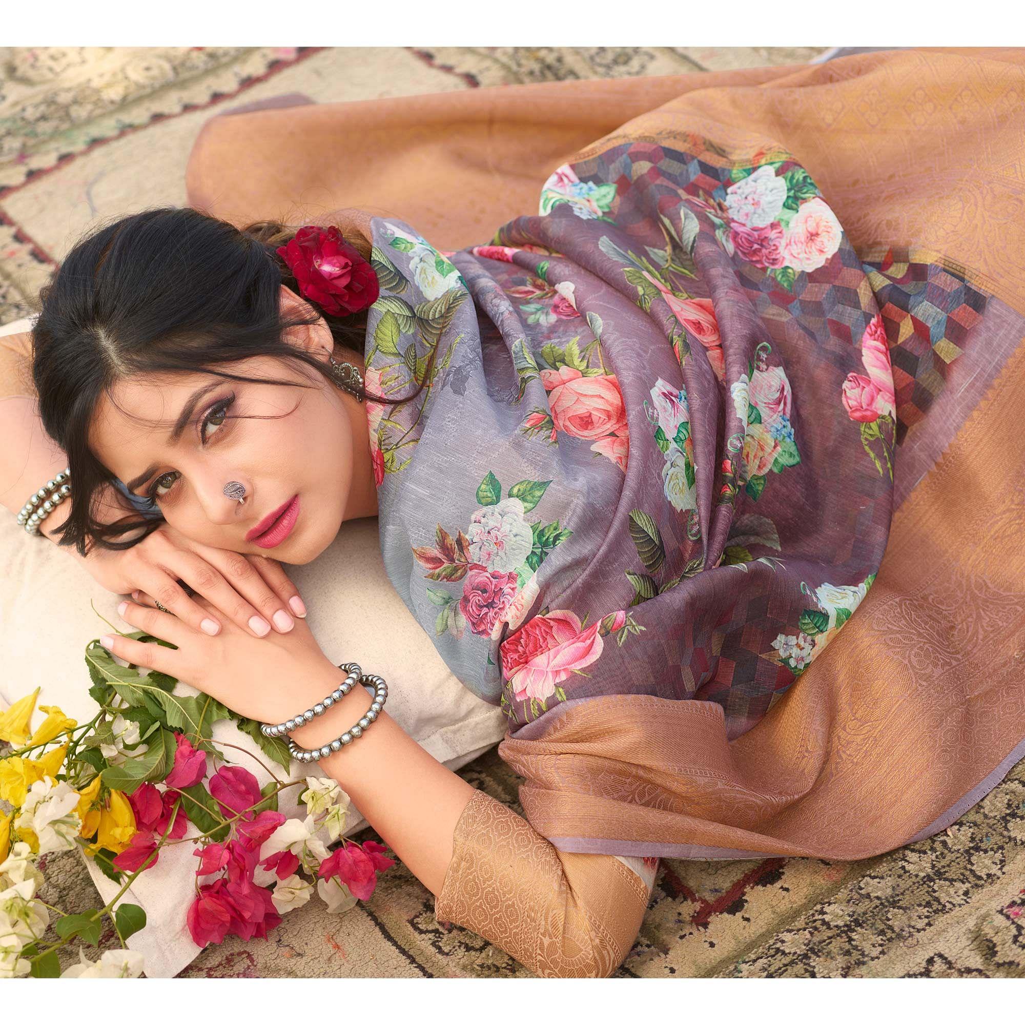 Magnetic Grey Colored Festive Wear Digital Floral Printed Linen Saree - Peachmode