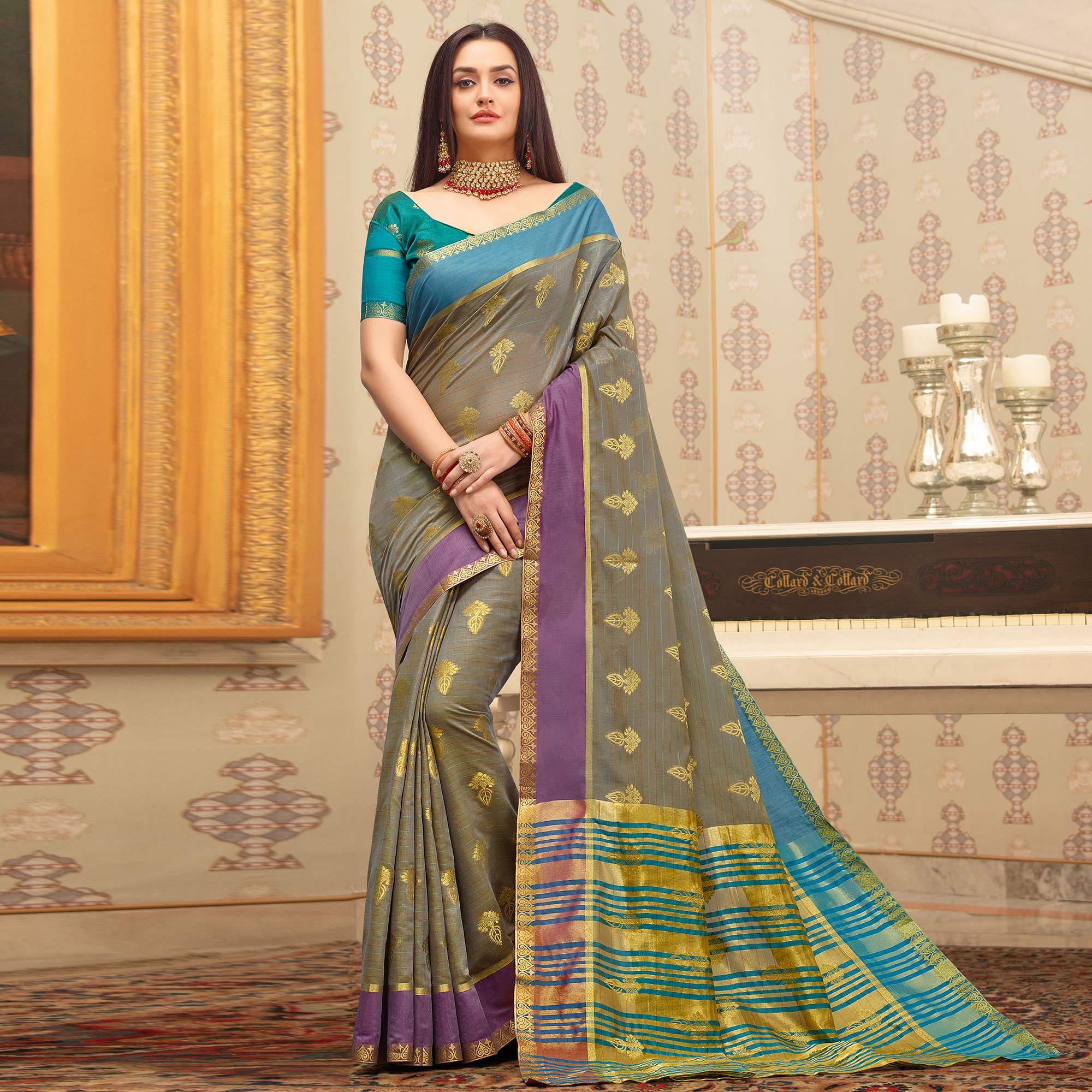 Magnetic Grey Colored Festive Wear Woven Cotton Handloom Saree - Peachmode