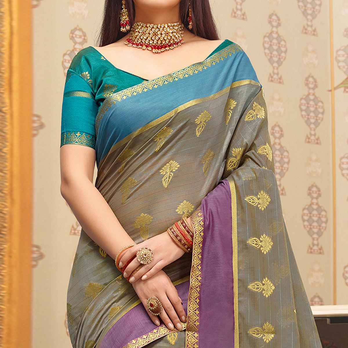 Magnetic Grey Colored Festive Wear Woven Cotton Handloom Saree - Peachmode