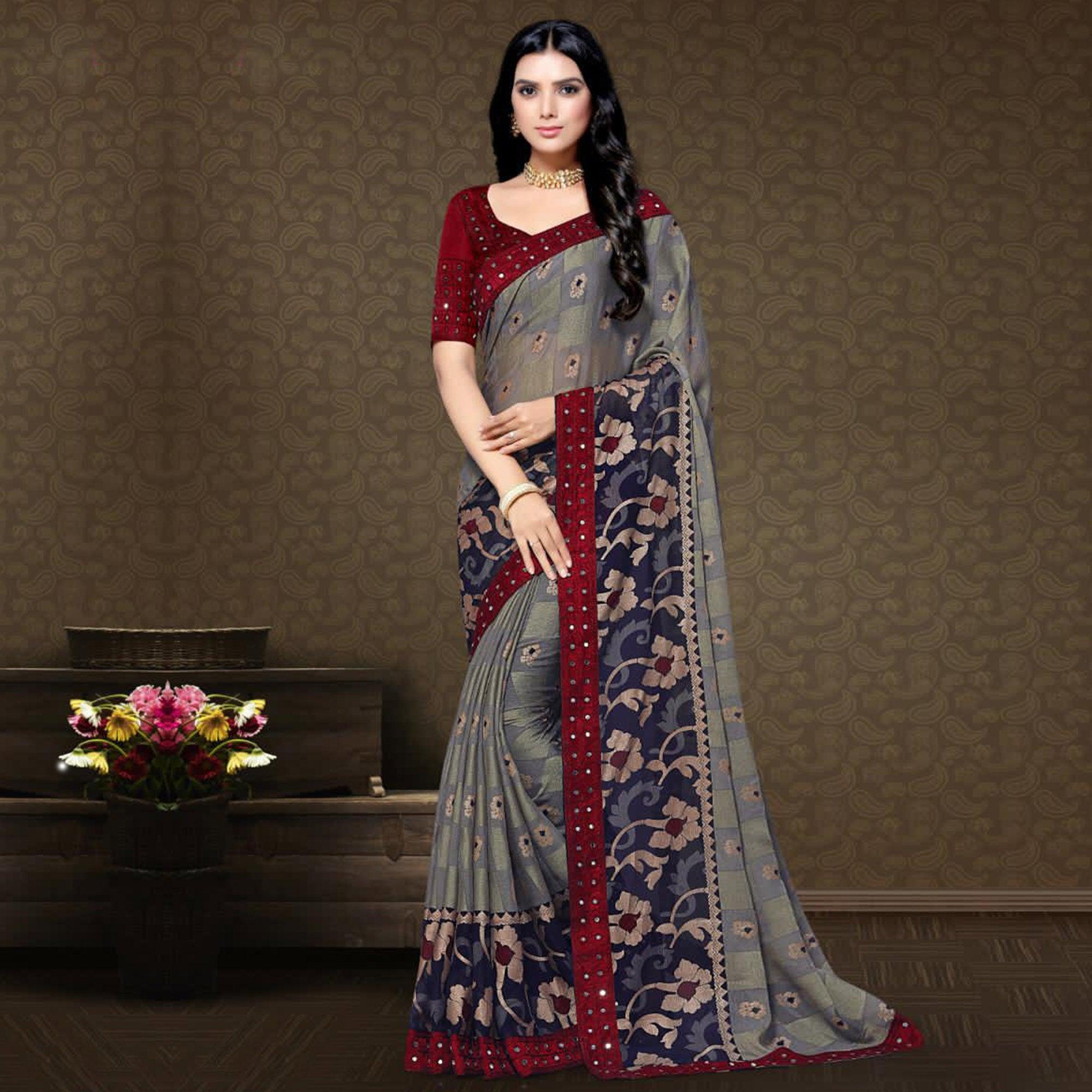 Magnetic Grey Colored Partywear Embroidered Chiffon Brasso Saree - Peachmode